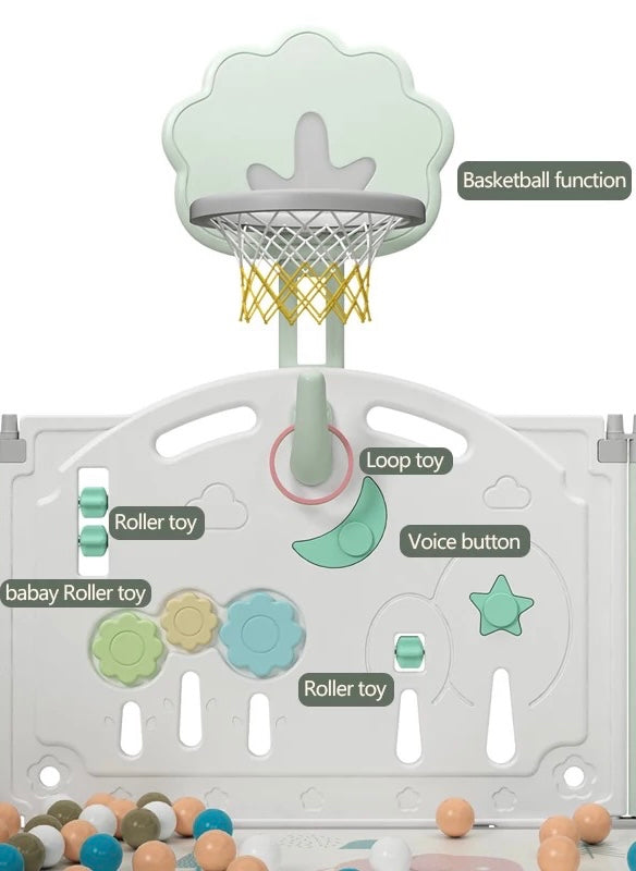 Forest-style Playpen Activity Centre with slide, swing, rocking horse and more! 2.05 metres wide by 1.64 metres deep.