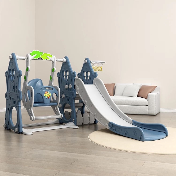 Forest-style Playpen Activity Centre with slide, swing, rocking horse and more! 2.05 metres wide by 1.64 metres deep.