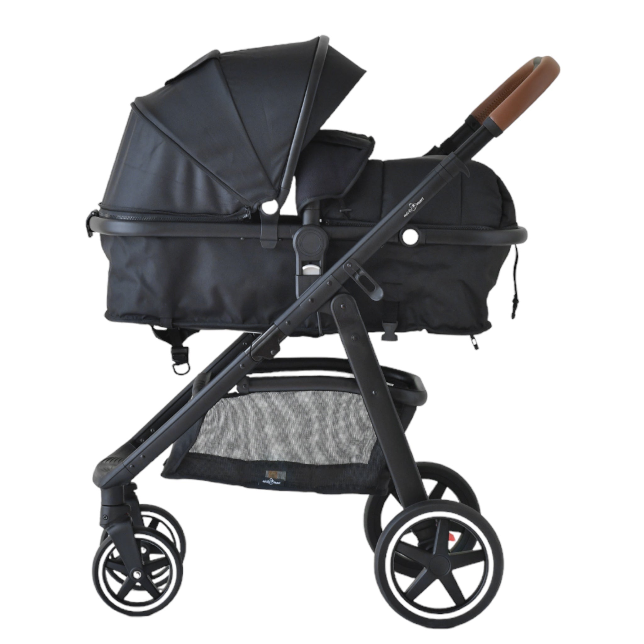 Micky Mart Baby Pram / Stroller 2 in 1 Convertible Bassinet Leather Handle -Black