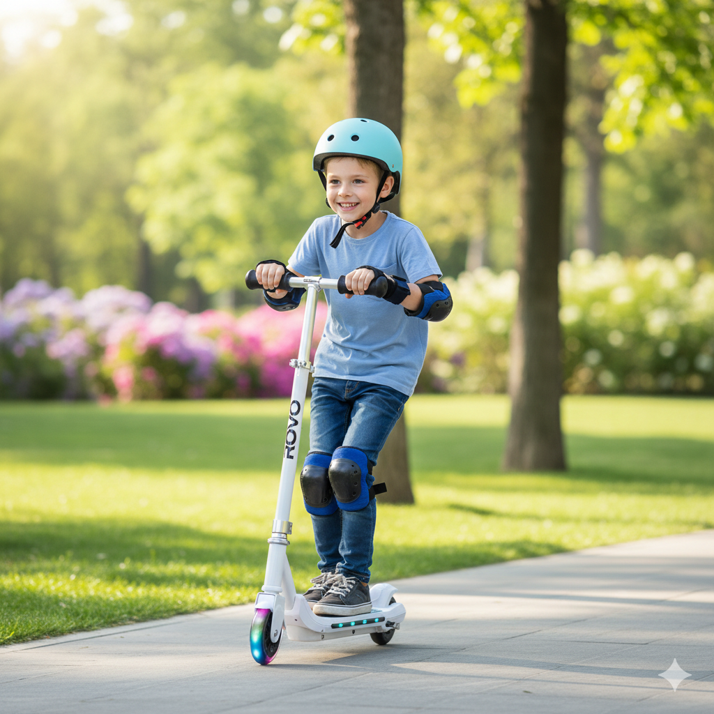 ROVO KIDS WhizKid Electric Scooter, Ages 5-11, Adjustable Height, Lithium Battery, Brushless Motor, White