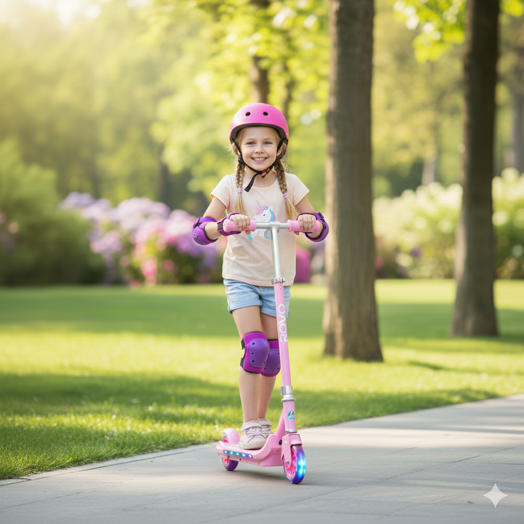 ROVO KIDS WhizKid Electric Scooter, Ages 5-11, Adjustable Height, Lithium Battery, Brushless Motor, Pink