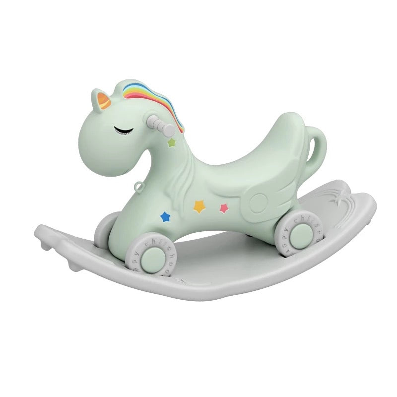 Forest-style Playpen Activity Centre with slide, swing, rocking horse and more! 2.05 metres wide by 1.64 metres deep.