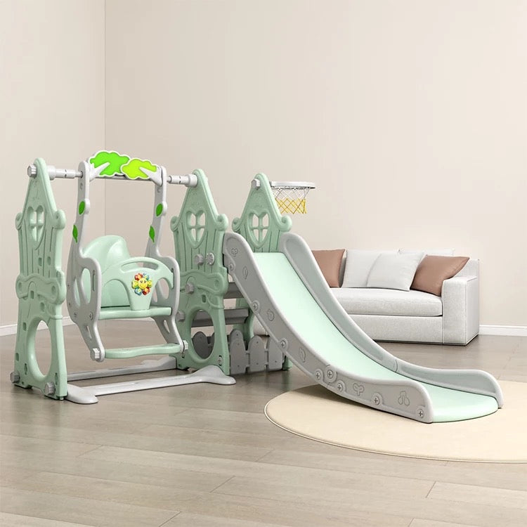 Forest-style Playpen Activity Centre with slide, swing, rocking horse and more! 2.05 metres wide by 1.64 metres deep.