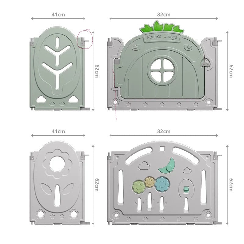 Forest-style Playpen Activity Centre, with slide, swing, basketball hoop and more! 2.05 metres wide by 1.64 metres deep.