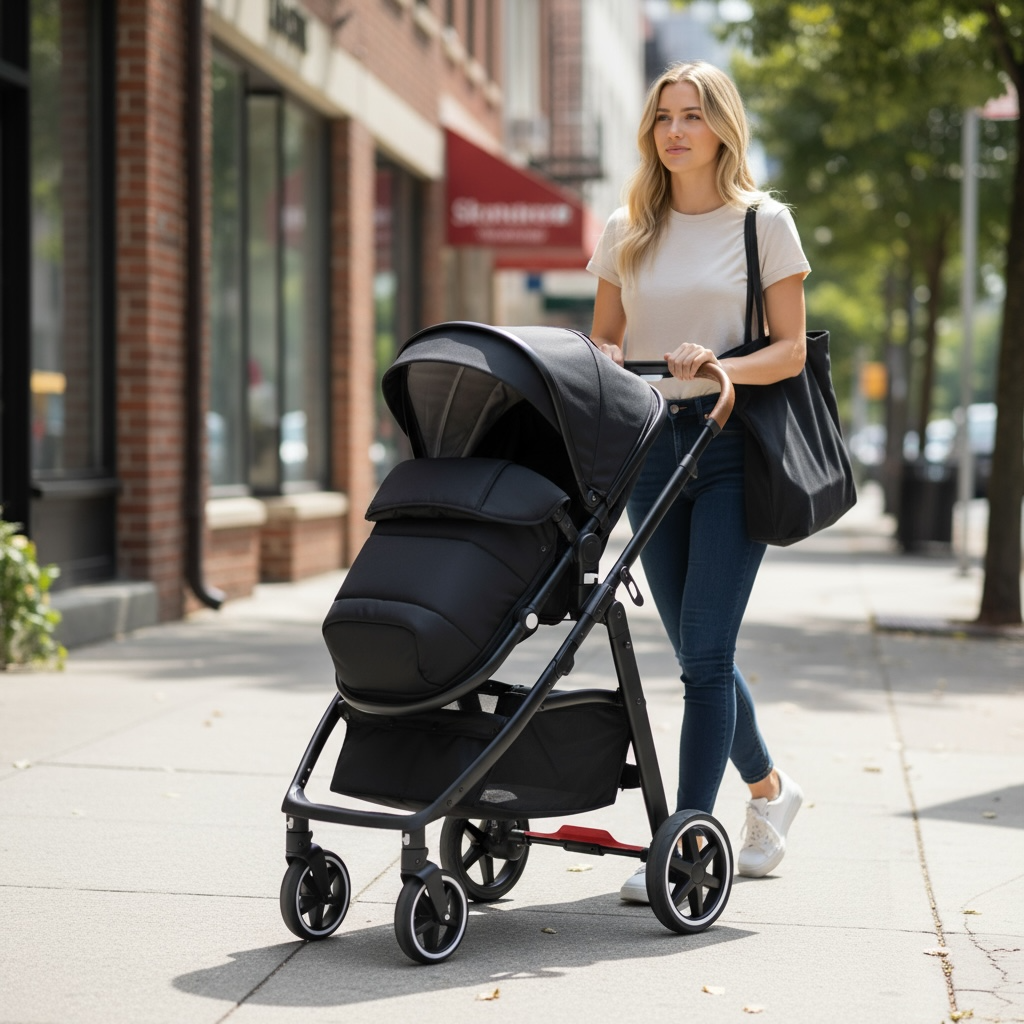 Micky Mart Baby Pram / Stroller 2 in 1 Convertible Bassinet Leather Handle -Black