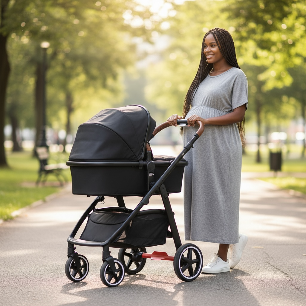 Micky Mart Baby Pram / Stroller 2 in 1 Convertible Bassinet Leather Handle -Black