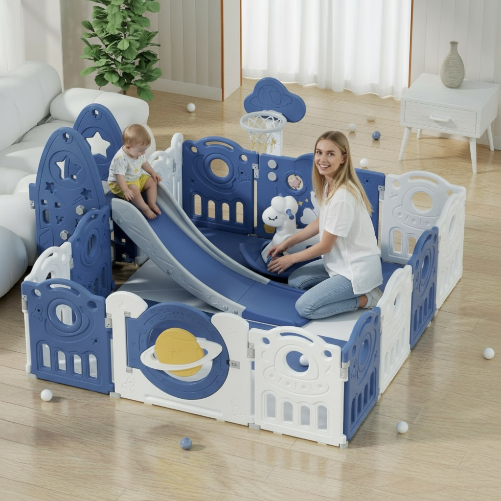Kids Playpen Space 180*200cm Gate Security Fence HDPE Rocking Horse Slide
