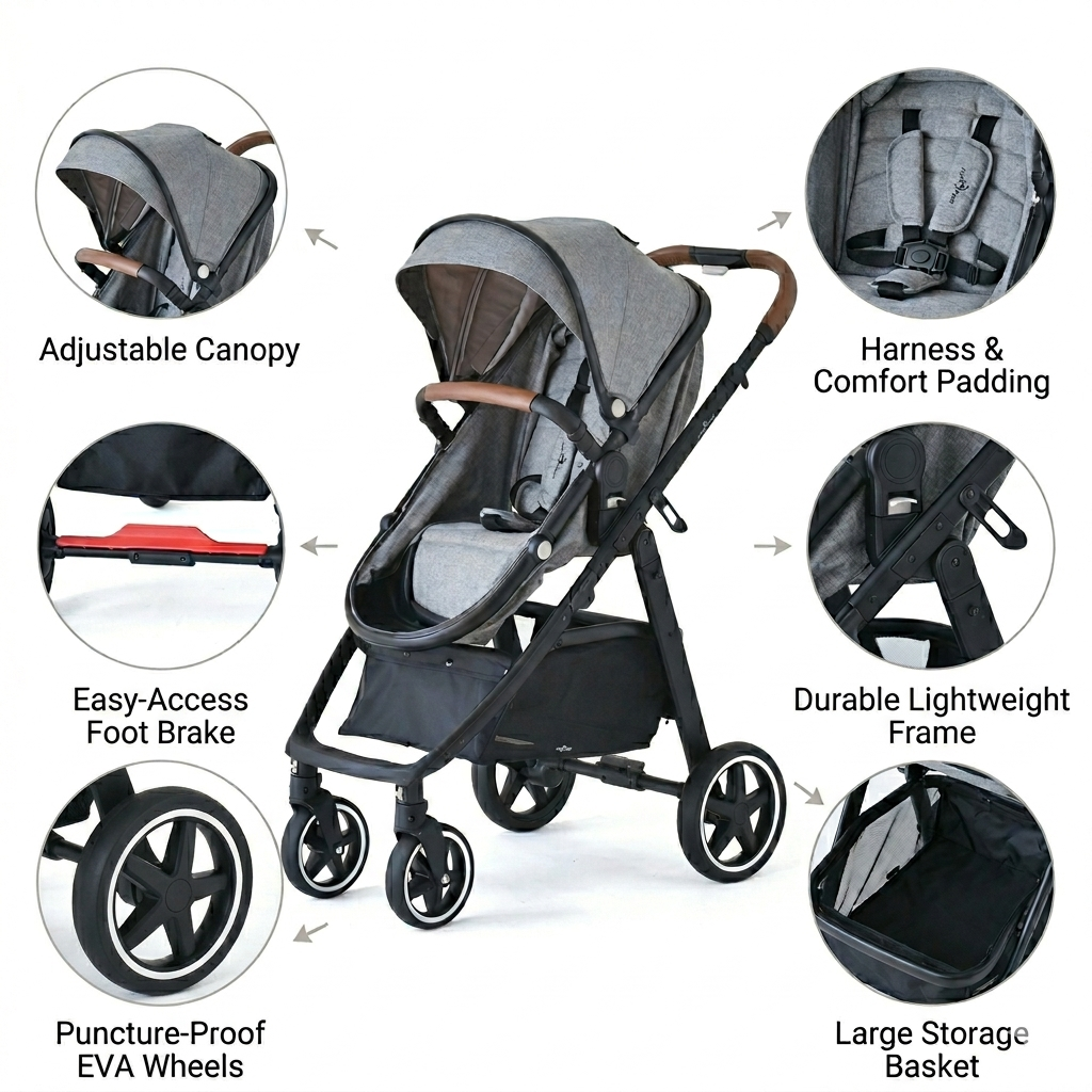 Micky Mart Baby Pram / Stroller 2 in 1 Convertible Leather Handle - Grey
