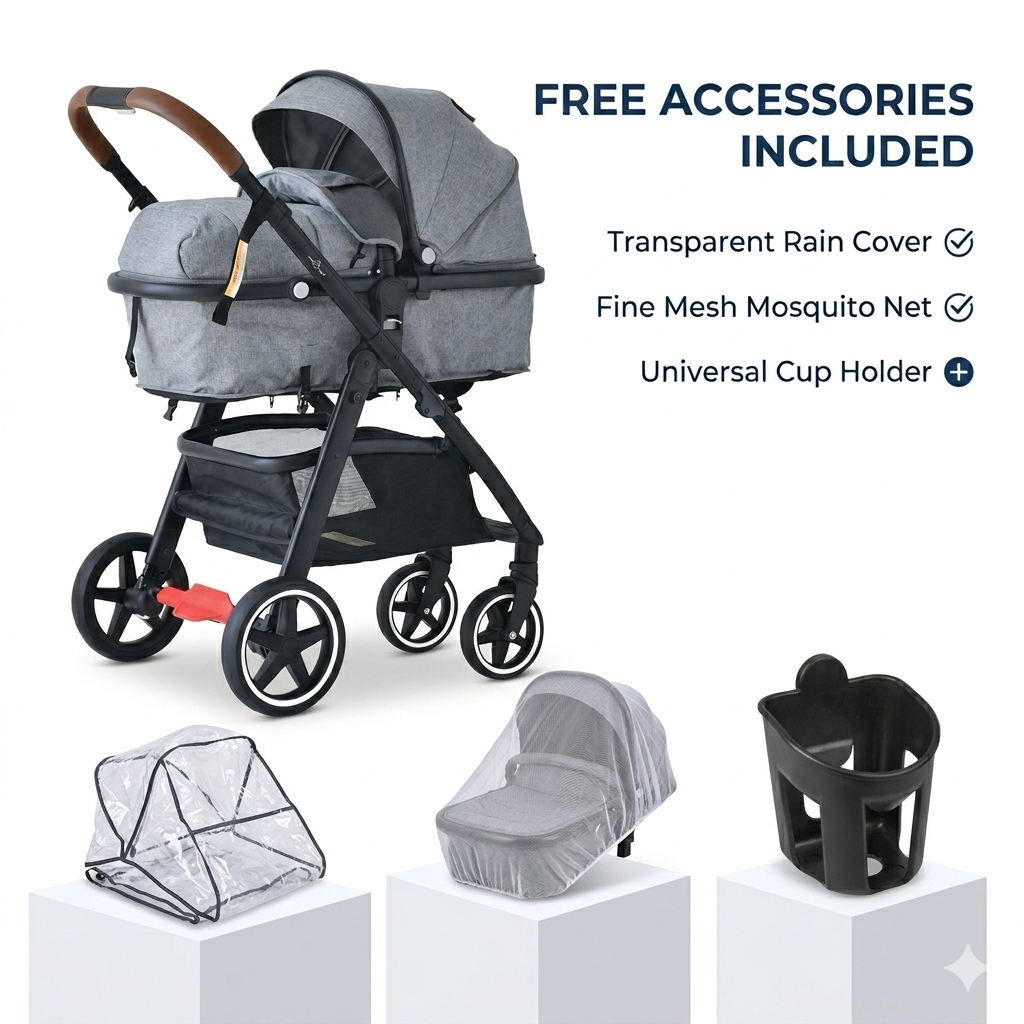 Micky Mart Baby Pram / Stroller 2 in 1 Convertible Leather Handle - Grey