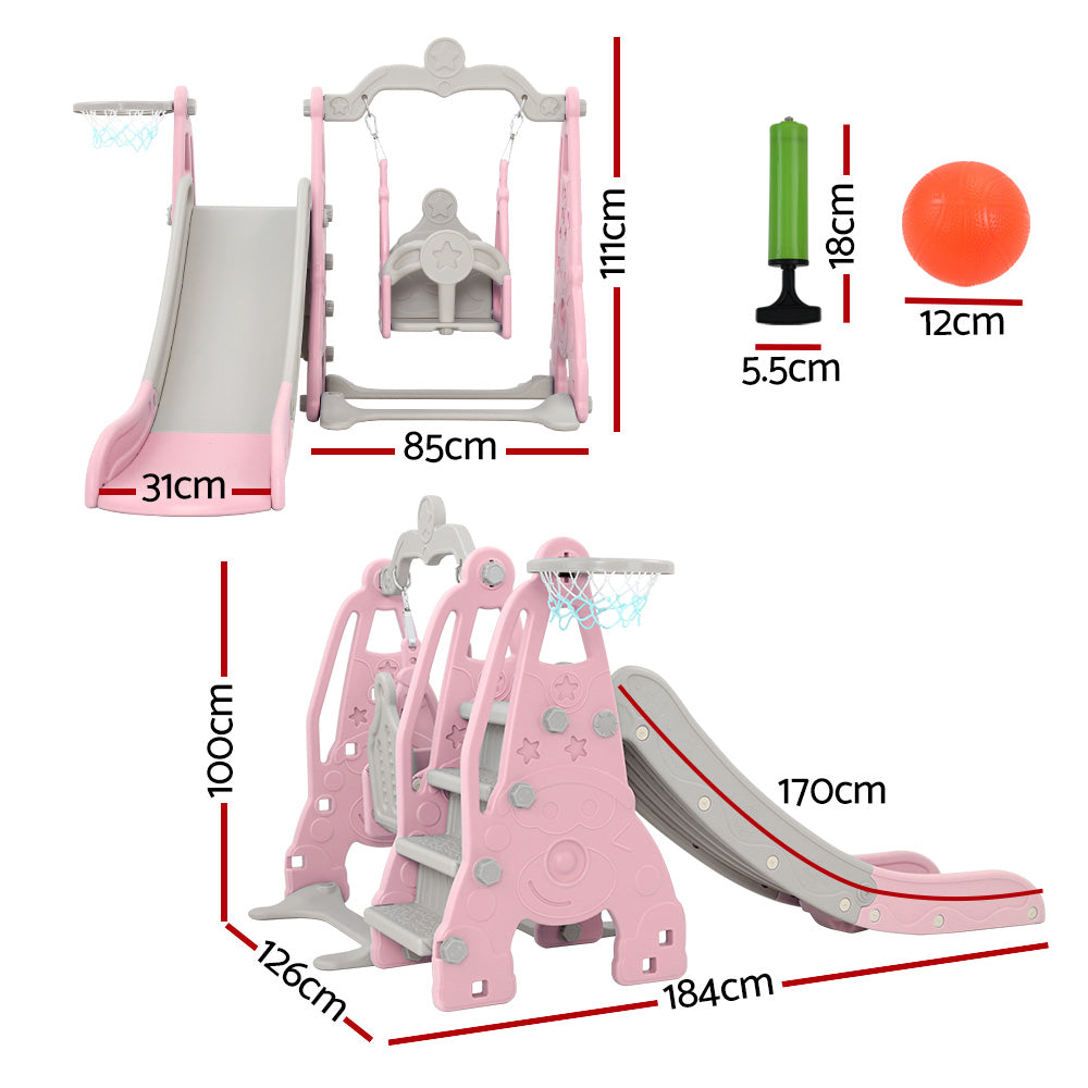 Keezi 3-in-1 Kids Swing & Slide Play Set with Basketball Hoop - Pink