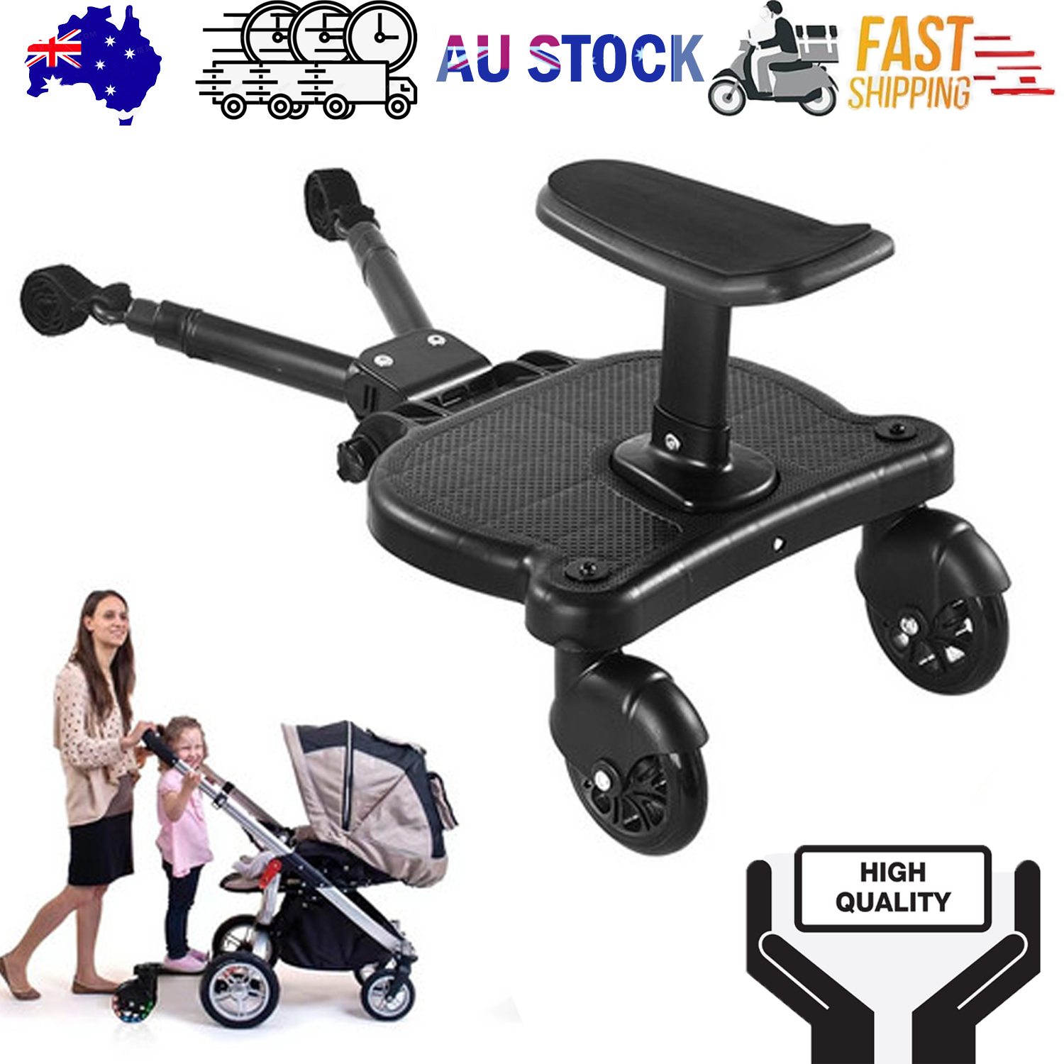 Stroller Ride-On Board with Seat – Stable, Safe & Perfect for Two Kids - Black Wheel