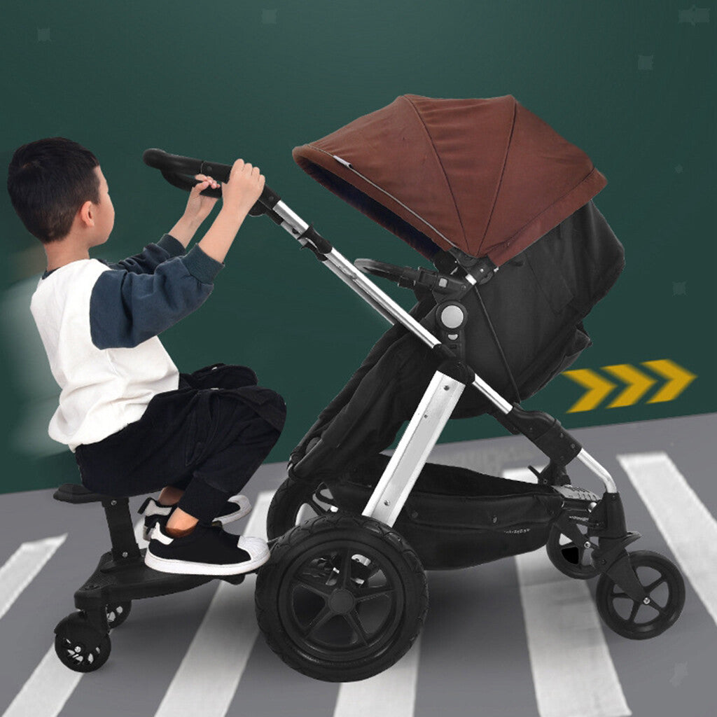 Stroller Ride-On Board with Seat – Stable, Safe & Perfect for Two Kids - Black Wheel