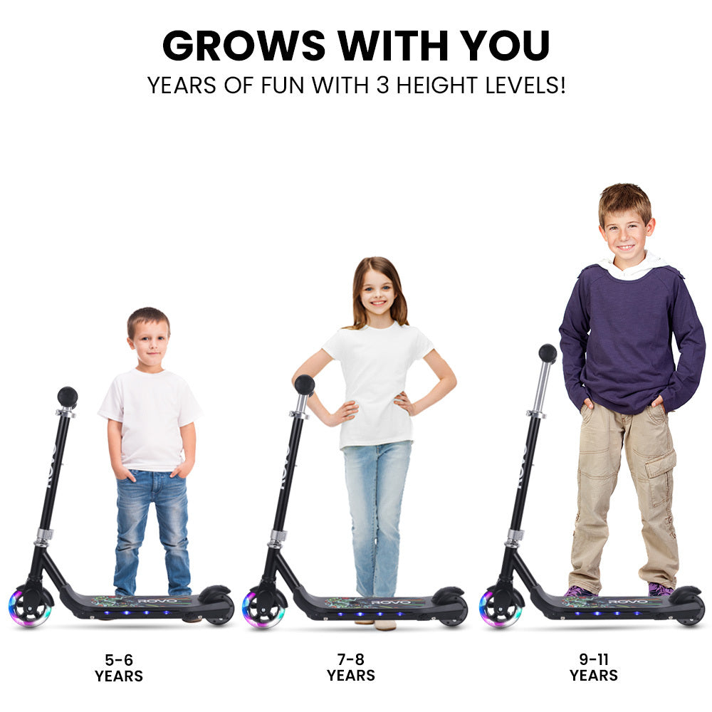 ROVO KIDS WhizKid Electric Scooter, Ages 5-11, Adjustable Height, Lithium Battery, Brushless Motor, Black - Micky Mart