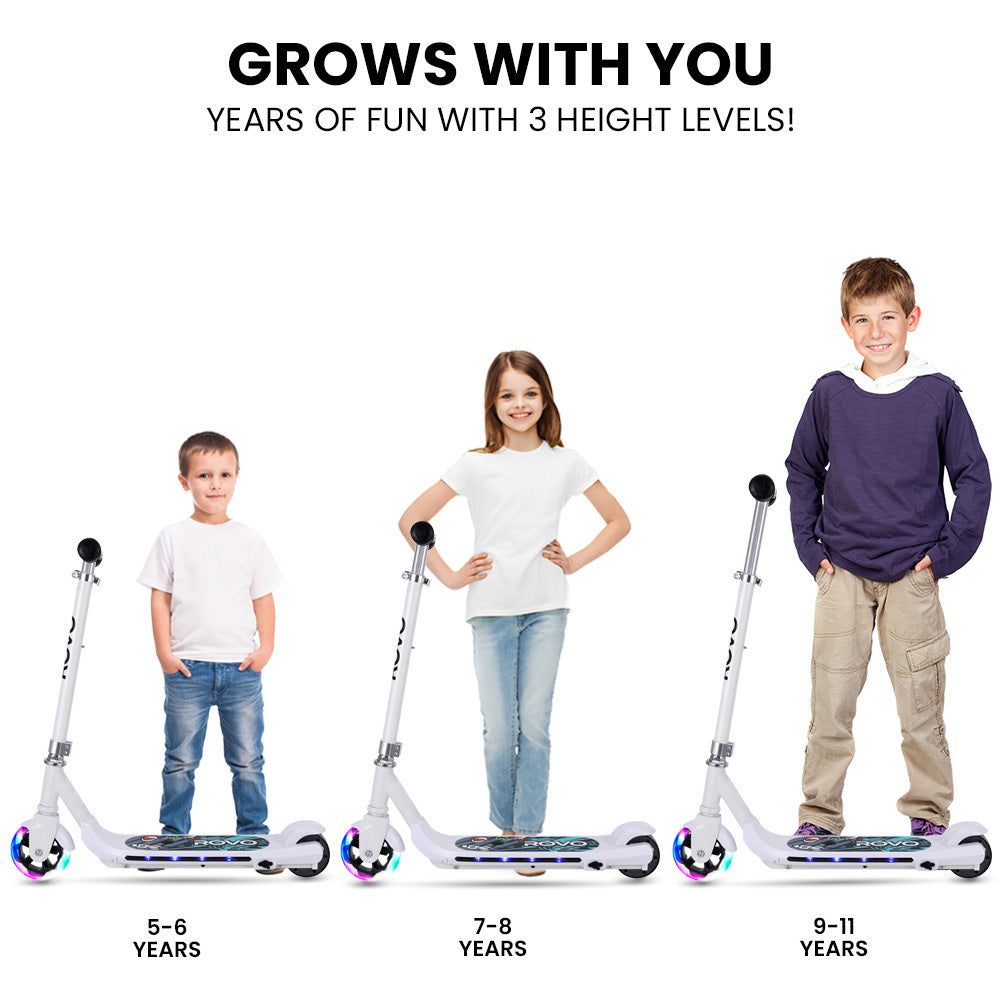 ROVO KIDS WhizKid Electric Scooter, Ages 5-11, Adjustable Height, Lithium Battery, Brushless Motor, White - Micky Mart