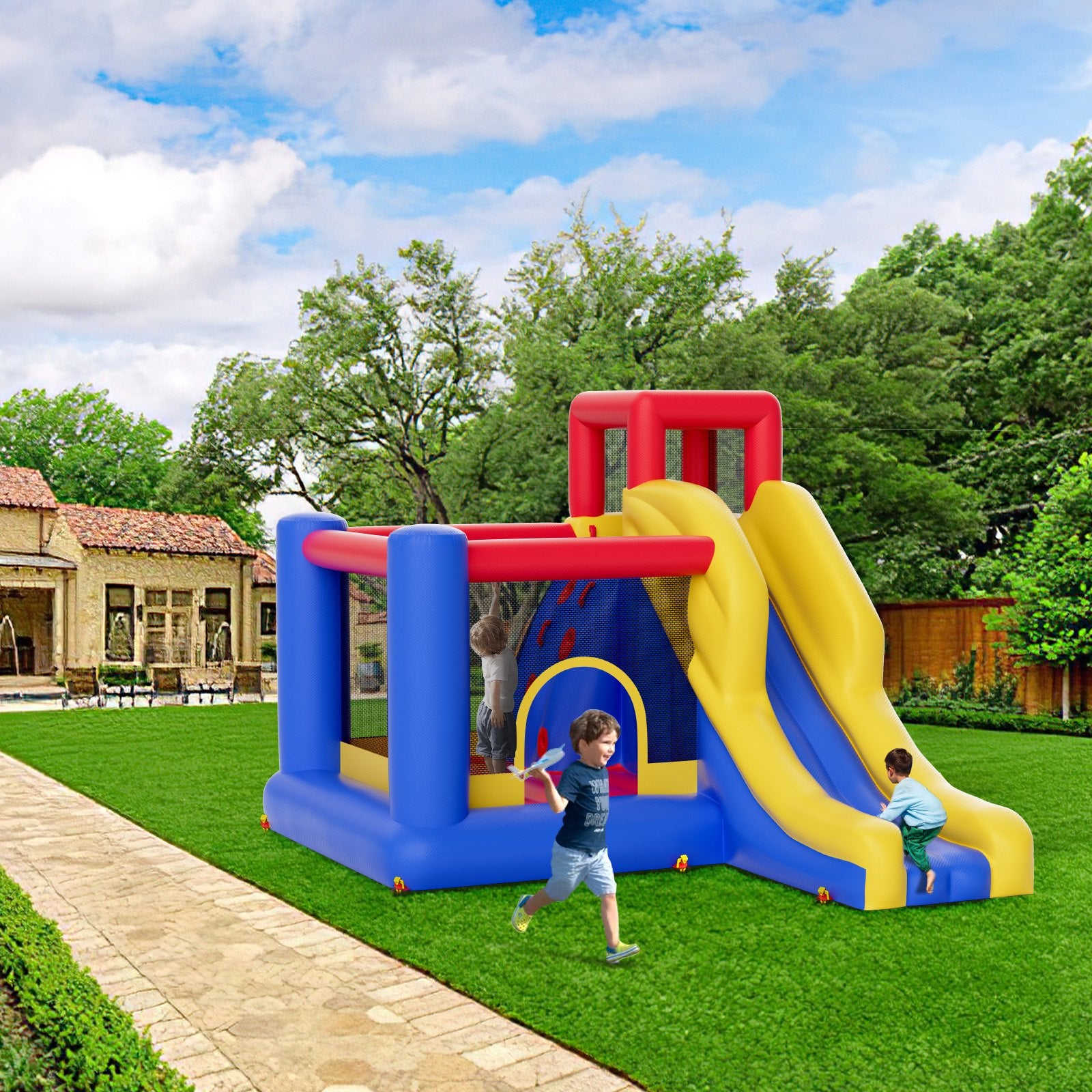 VEVOR Inflatable Bounce House, Outdoor High Quality Playhouse Trampoline, Jumping Bouncer with Blower, Slide, and Storage Bag, Family Backyard Bouncy Castle, for Kid Ages 3_8 Years, 3.4x2.6x2.3m