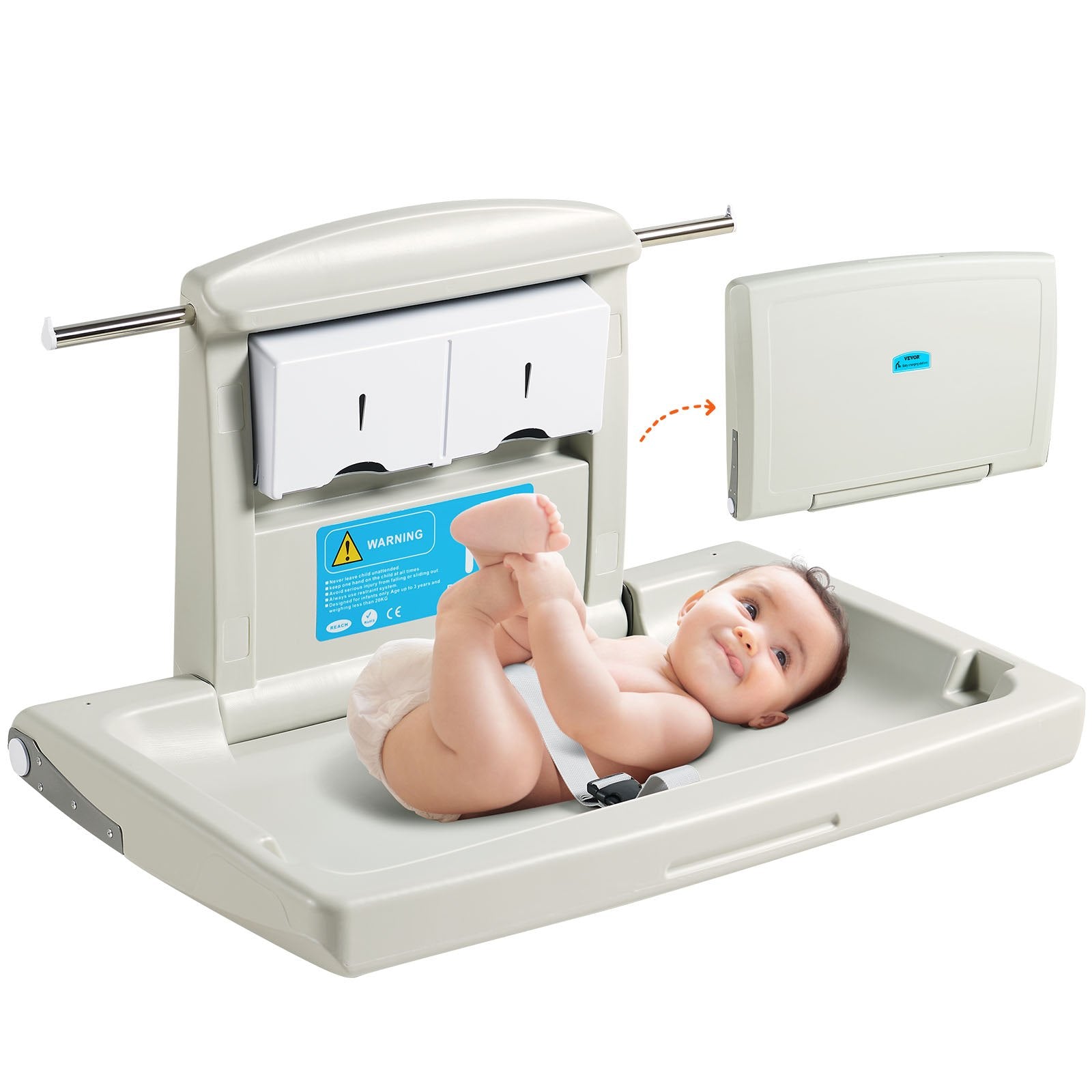VEVOR Wall-Mounted Baby Changing Station, Horizontal Foldable Diaper Change Table with Safety Straps and Hanging Rods, Use in Commercial Bathrooms, Daycare Centers for Newborns & Infant