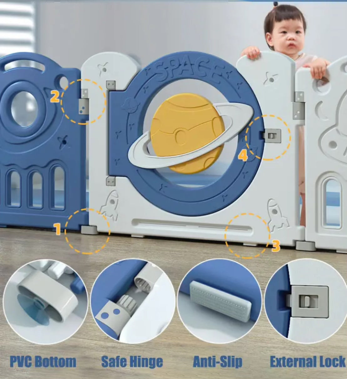 Kids Playpen Space 180*200cm Gate Security Fence HDPE Rocking Horse Slide - Micky Mart