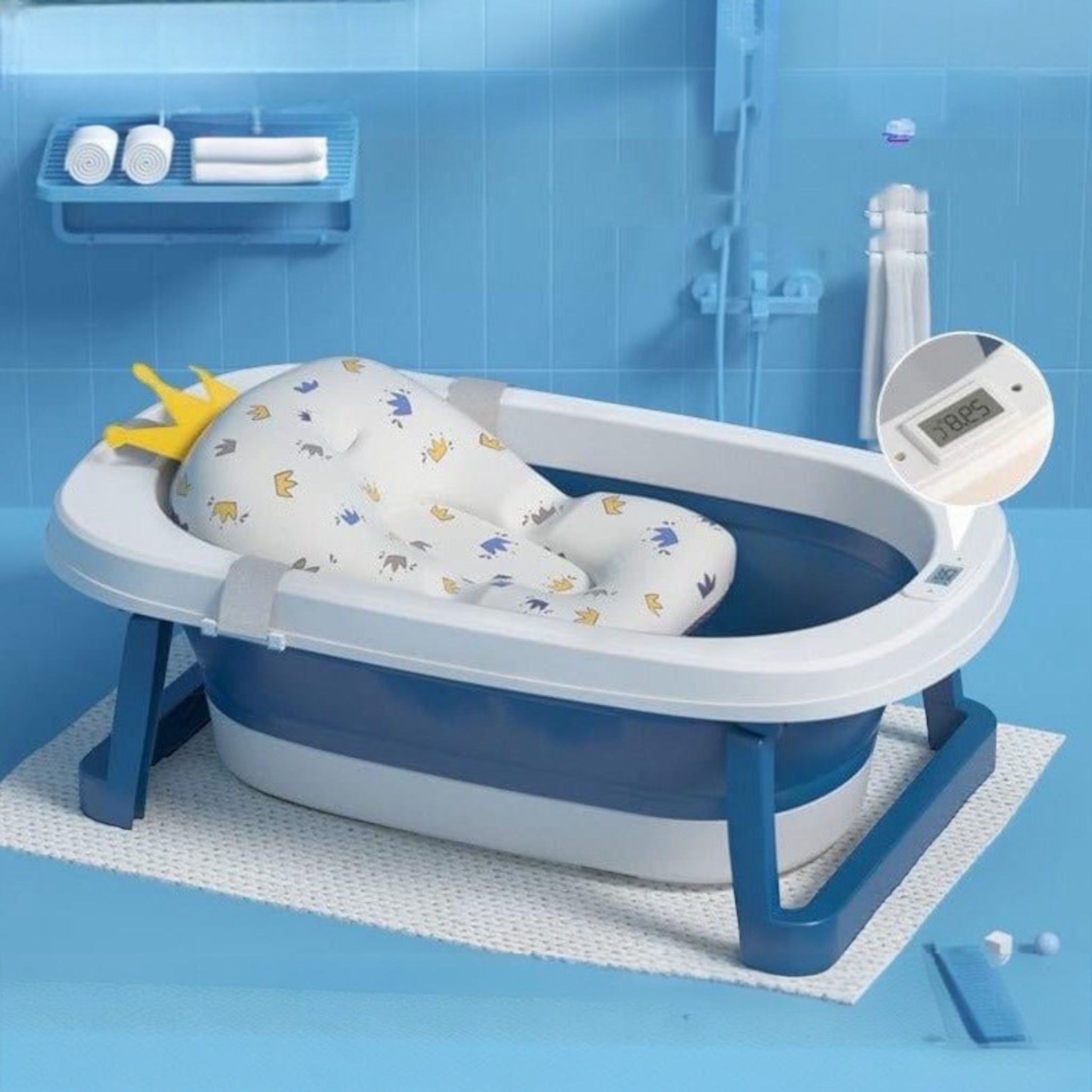 Foldable baby bathtub with smart temperature detection – compact and travel-friendly design