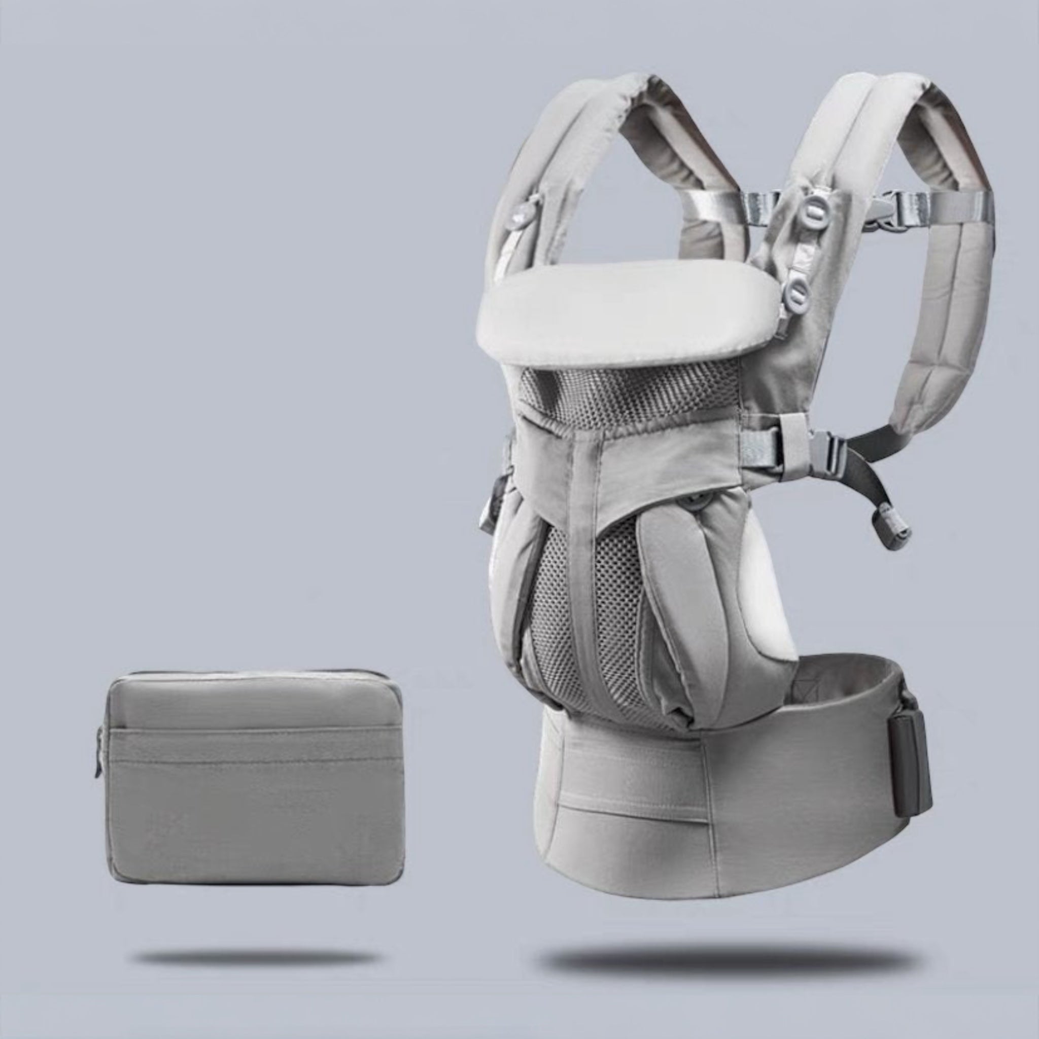 “Ergonomic kangaroo-style baby carrier sling with mesh panel – front or back carry”