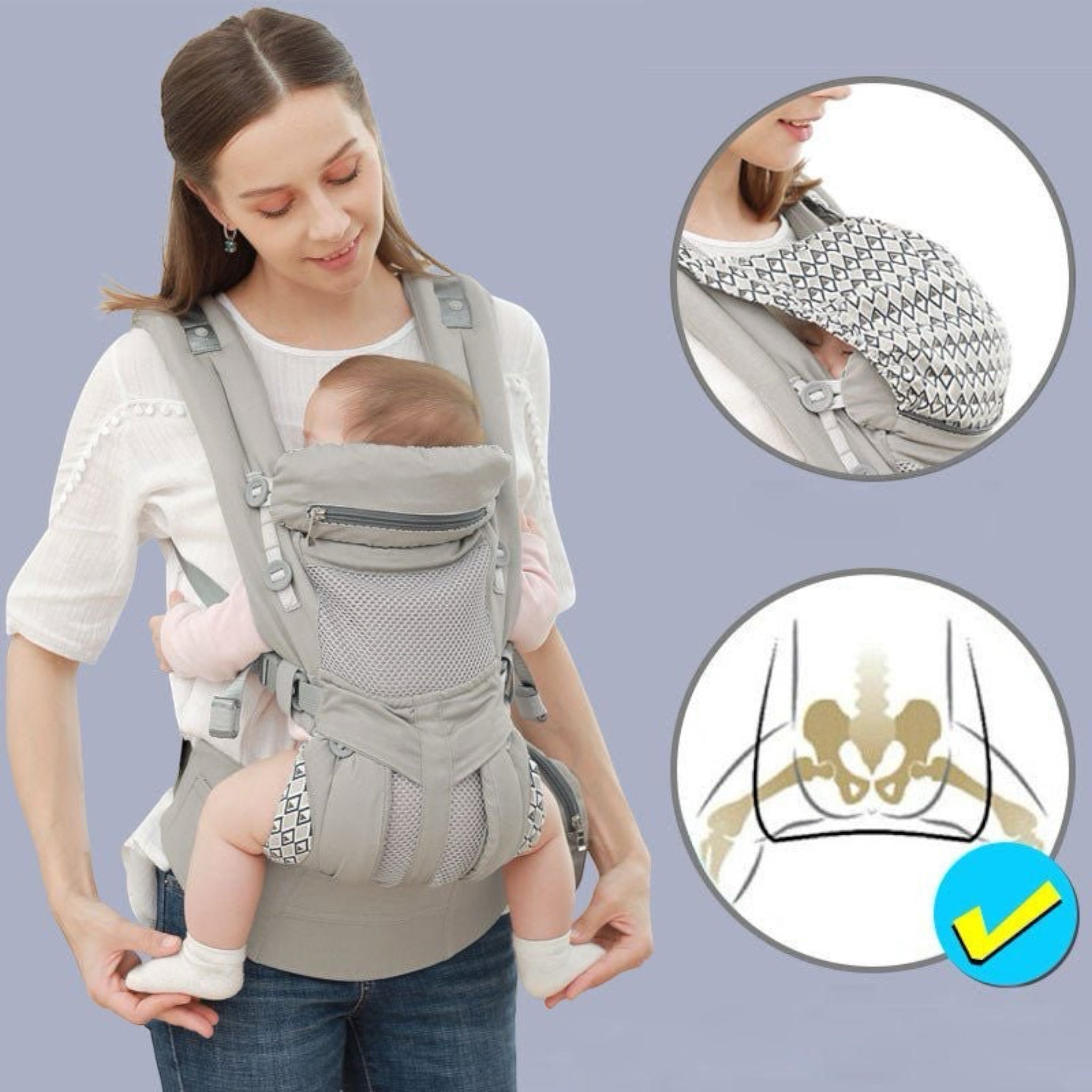 “Ergonomic kangaroo-style baby carrier sling with mesh panel – front or back carry”