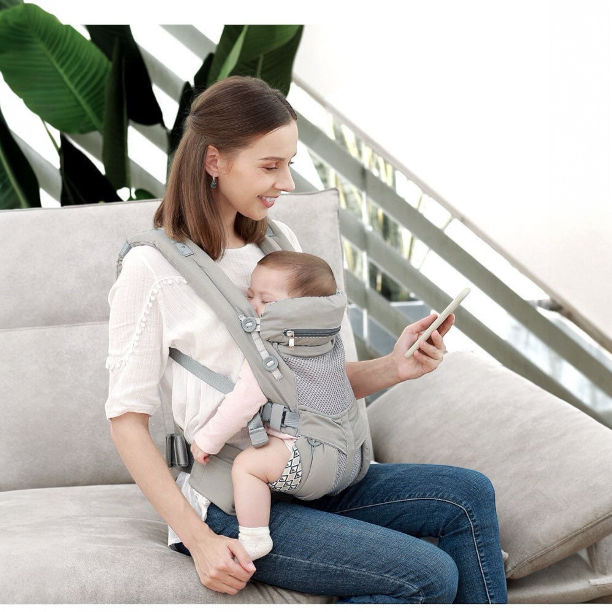 “Ergonomic kangaroo-style baby carrier sling with mesh panel – front or back carry”