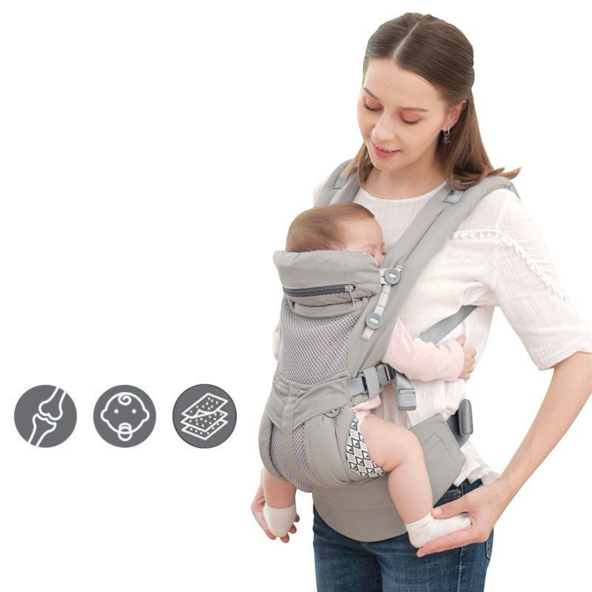 “Ergonomic kangaroo-style baby carrier sling with mesh panel – front or back carry”