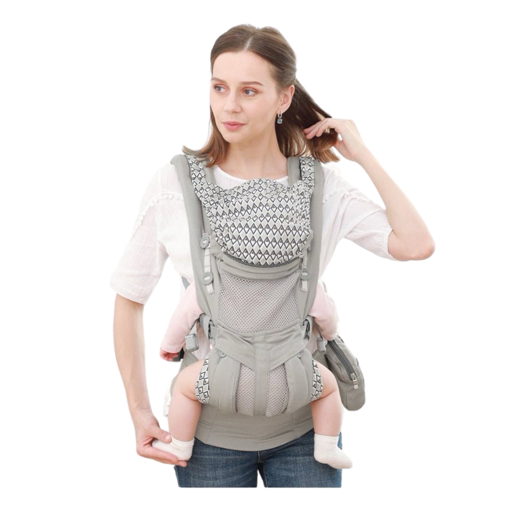 “Ergonomic kangaroo-style baby carrier sling with mesh panel – front or back carry”