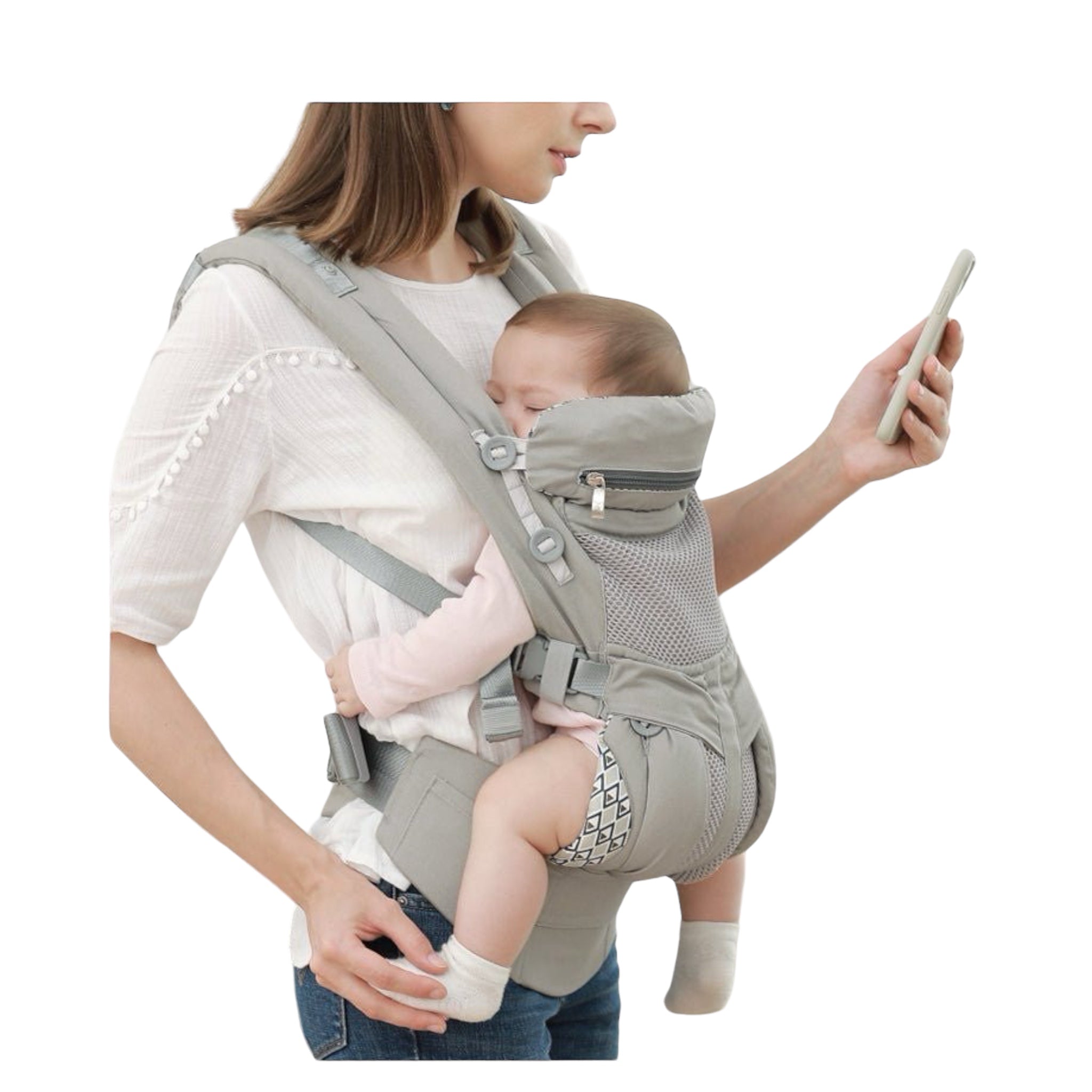 “Ergonomic kangaroo-style baby carrier sling with mesh panel – front or back carry”