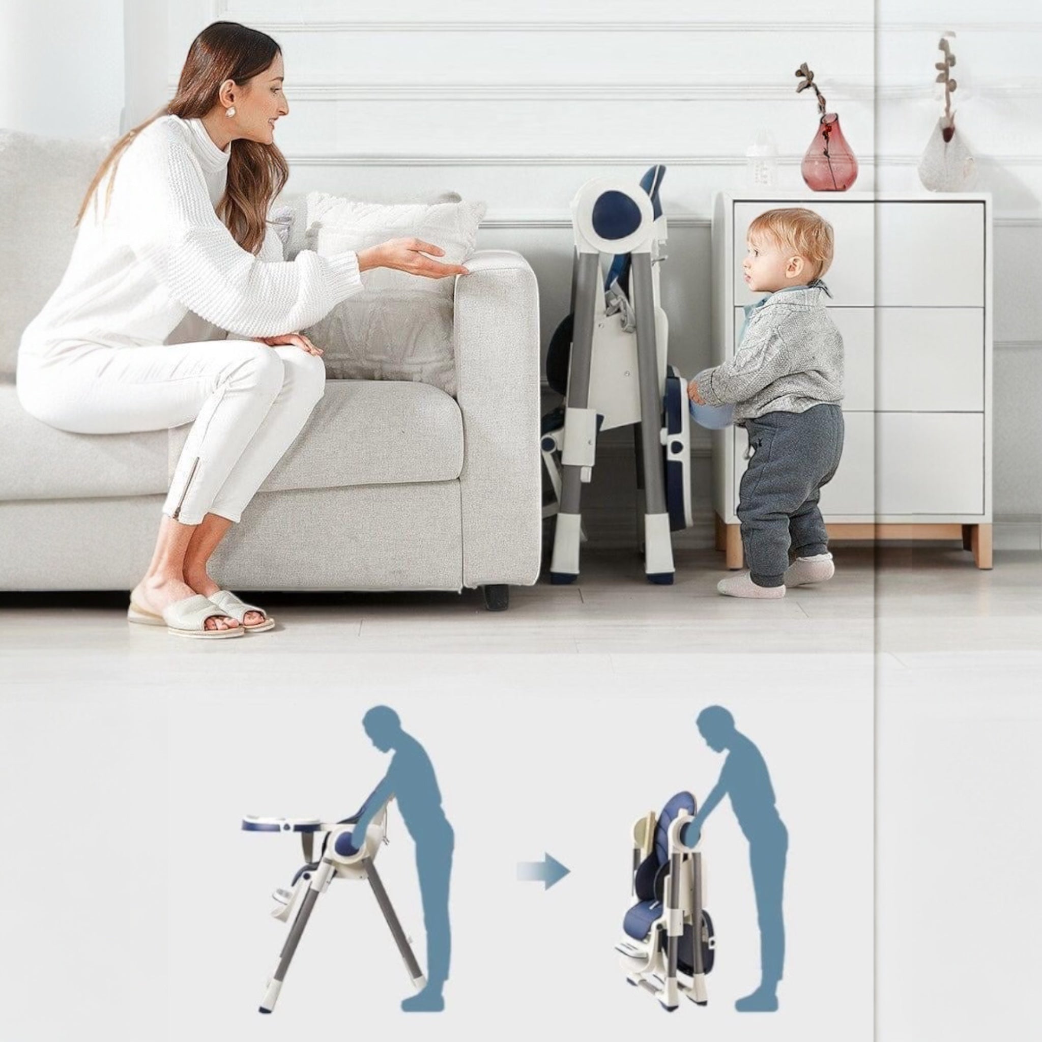 3-in-1 baby highchair with reclining seat for dining, lounging, and growth stages