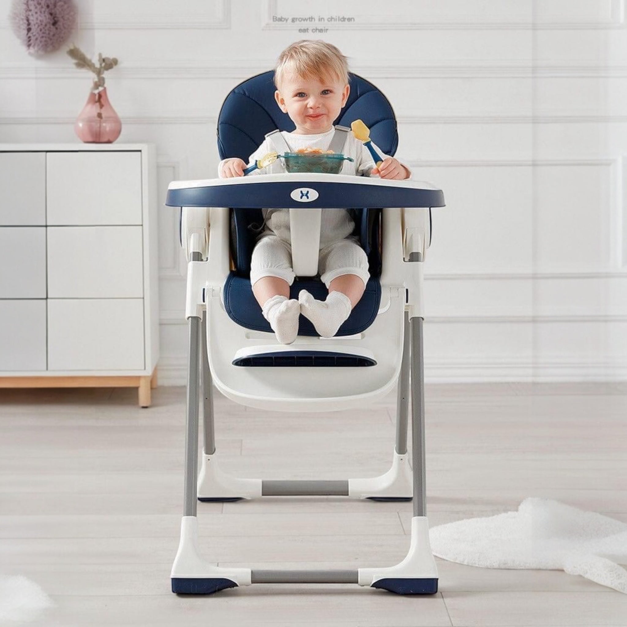 3-in-1 baby highchair with reclining seat for dining, lounging, and growth stages