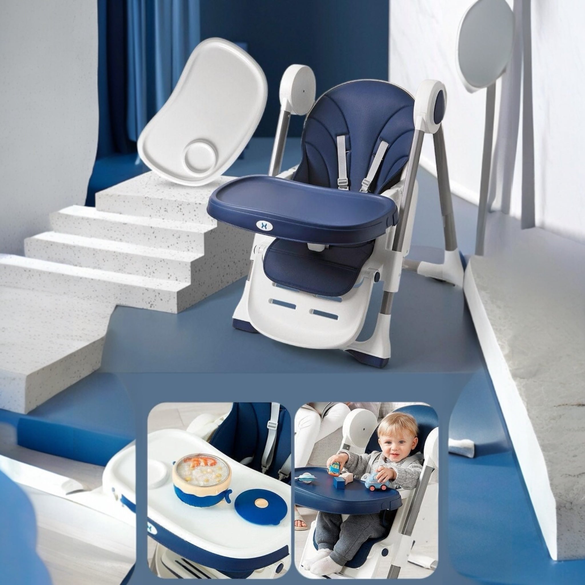 3-in-1 baby highchair with reclining seat for dining, lounging, and growth stages