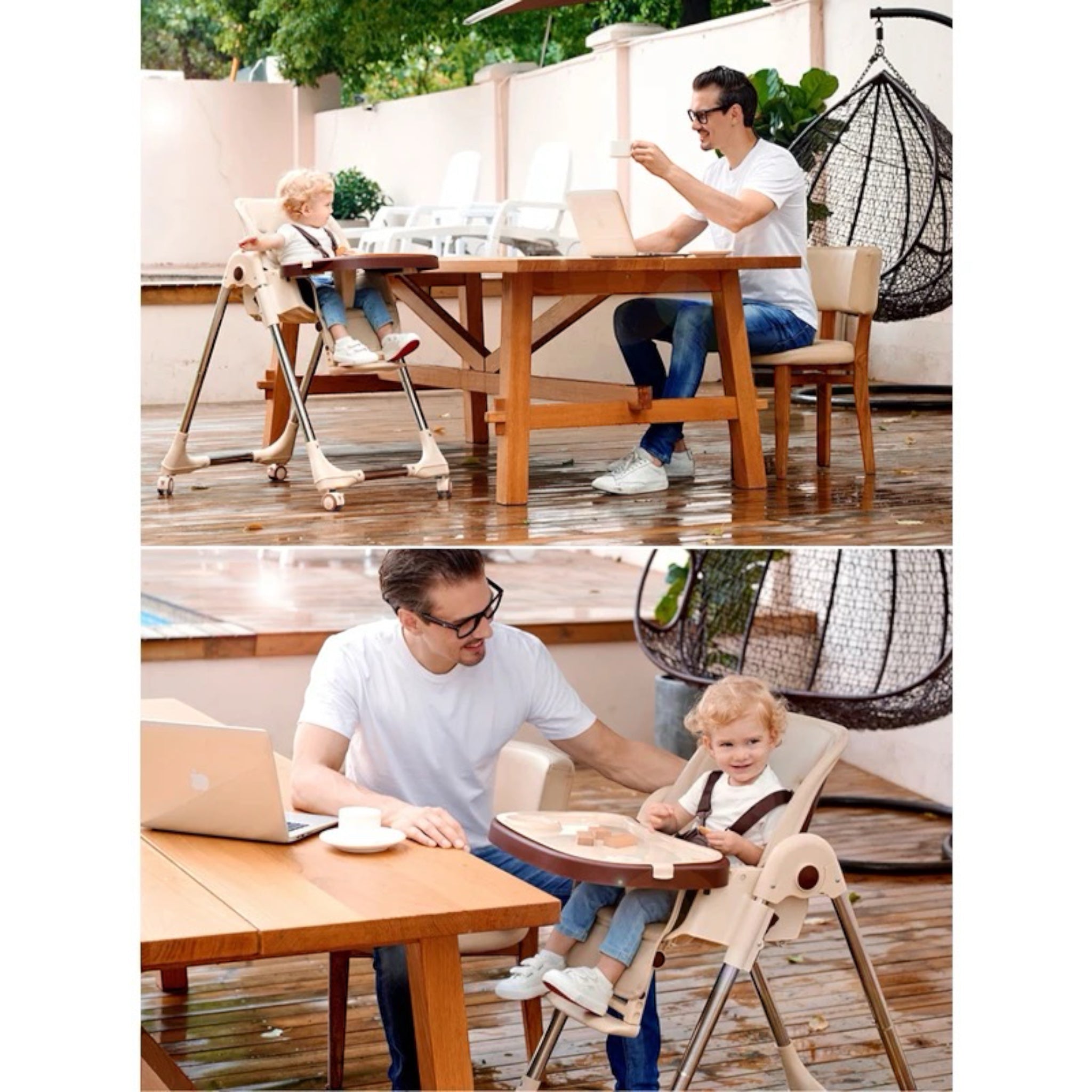 Adjustable baby high chair with feeding table – height and tray settings included