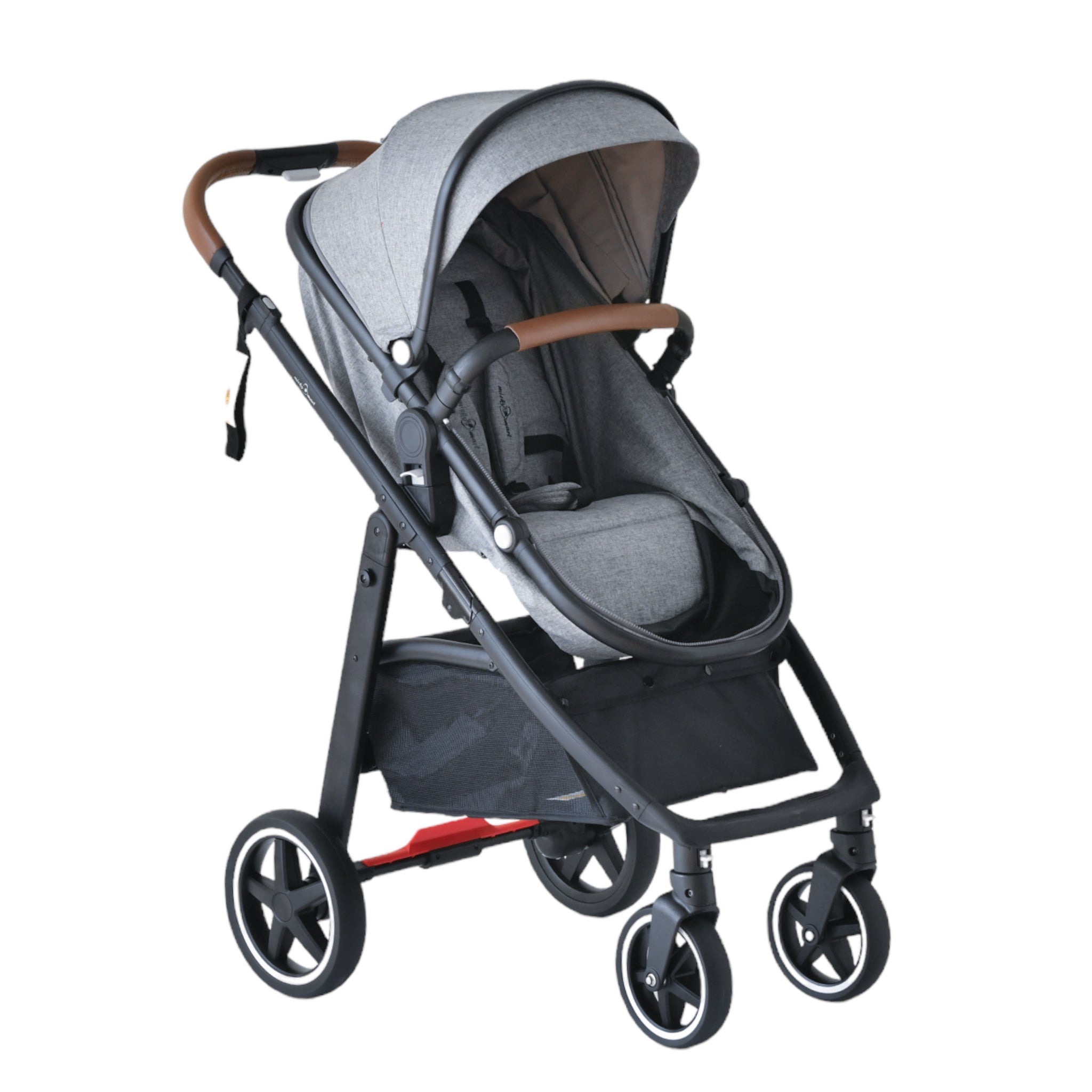 “Grey 2-in-1 convertible pram and stroller with leather handle, inflatable wheels, compliant with AS/NZS 2088:2022”