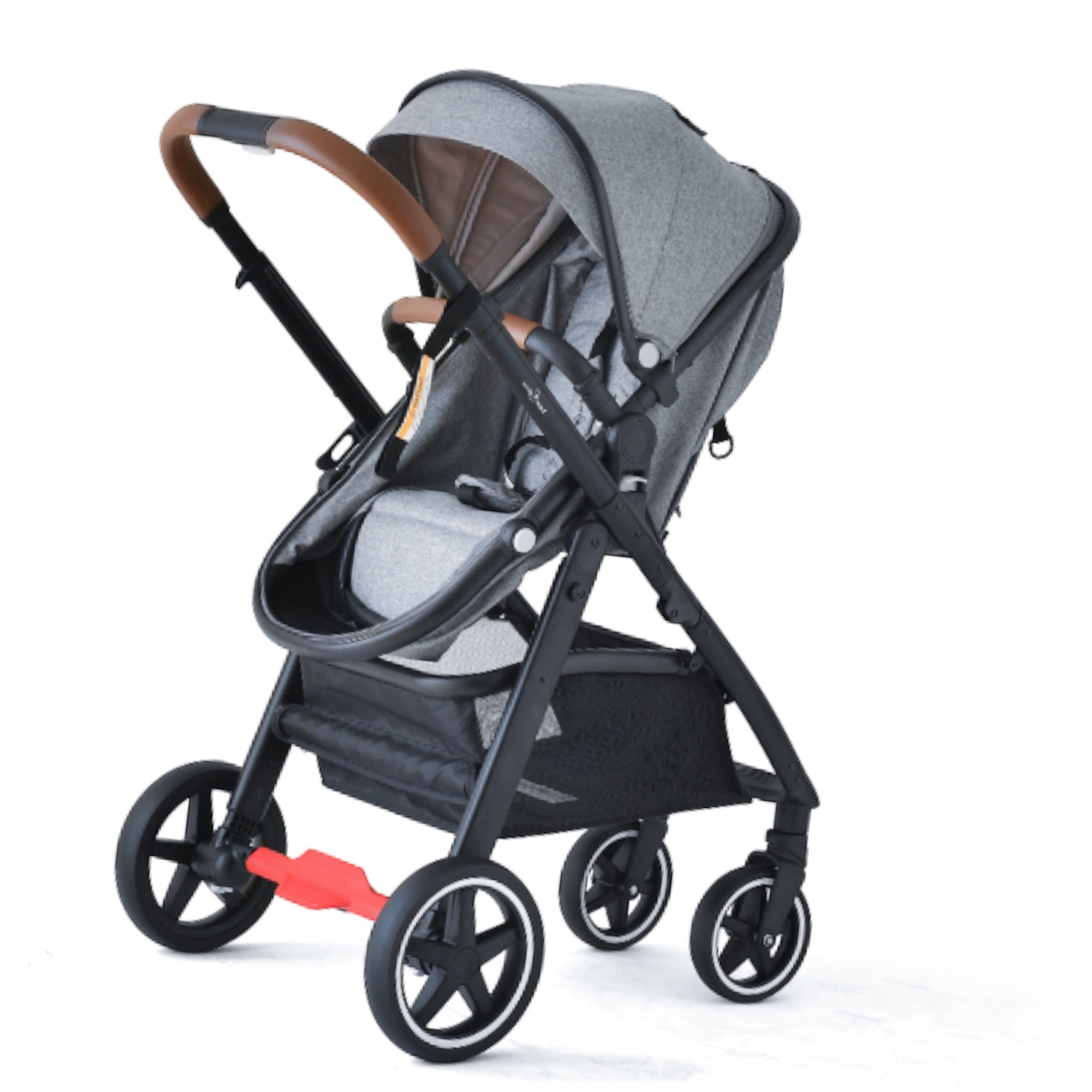 “Grey 2-in-1 convertible pram and stroller with leather handle, inflatable wheels, compliant with AS/NZS 2088:2022”
