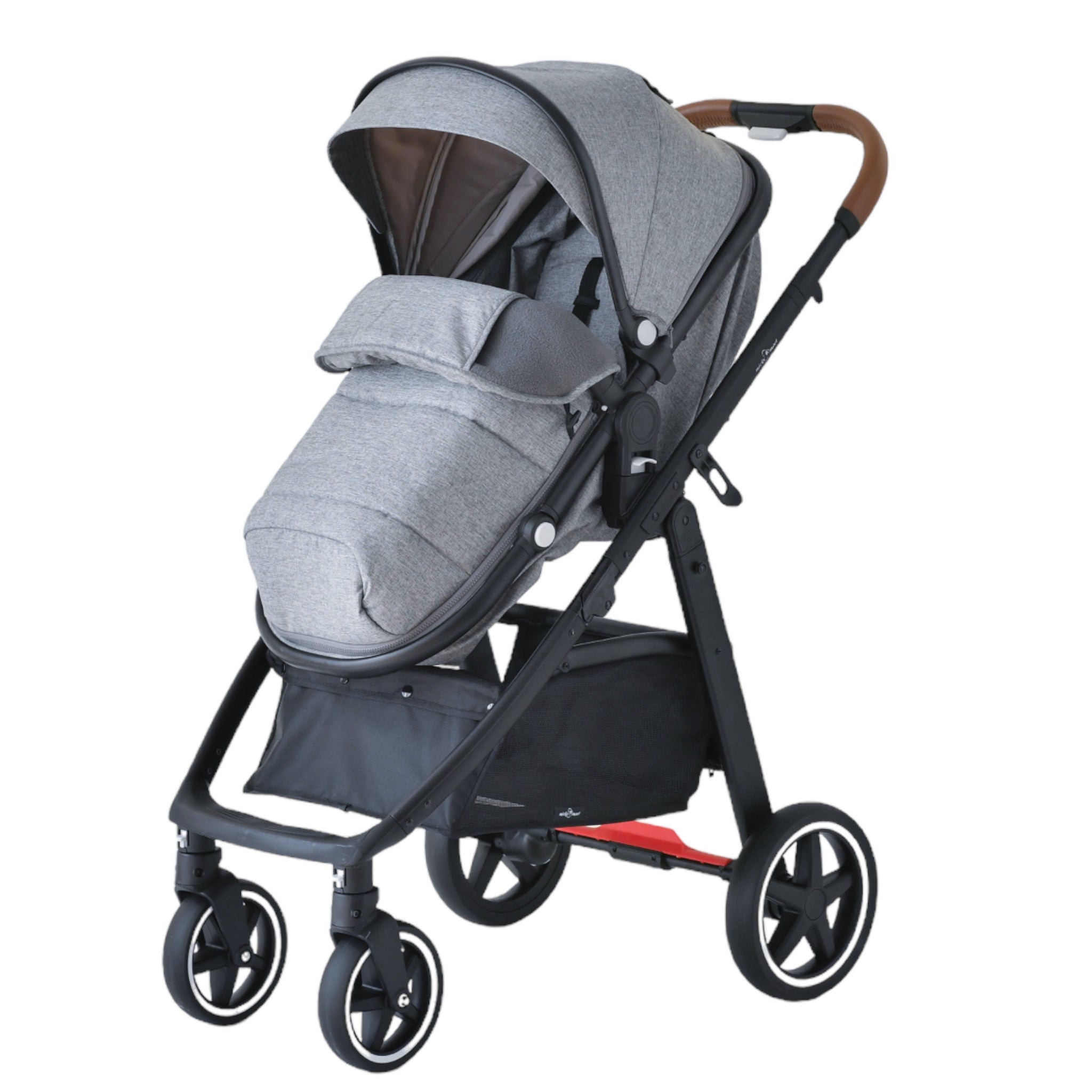 “Grey 2-in-1 convertible pram and stroller with leather handle, inflatable wheels, compliant with AS/NZS 2088:2022”