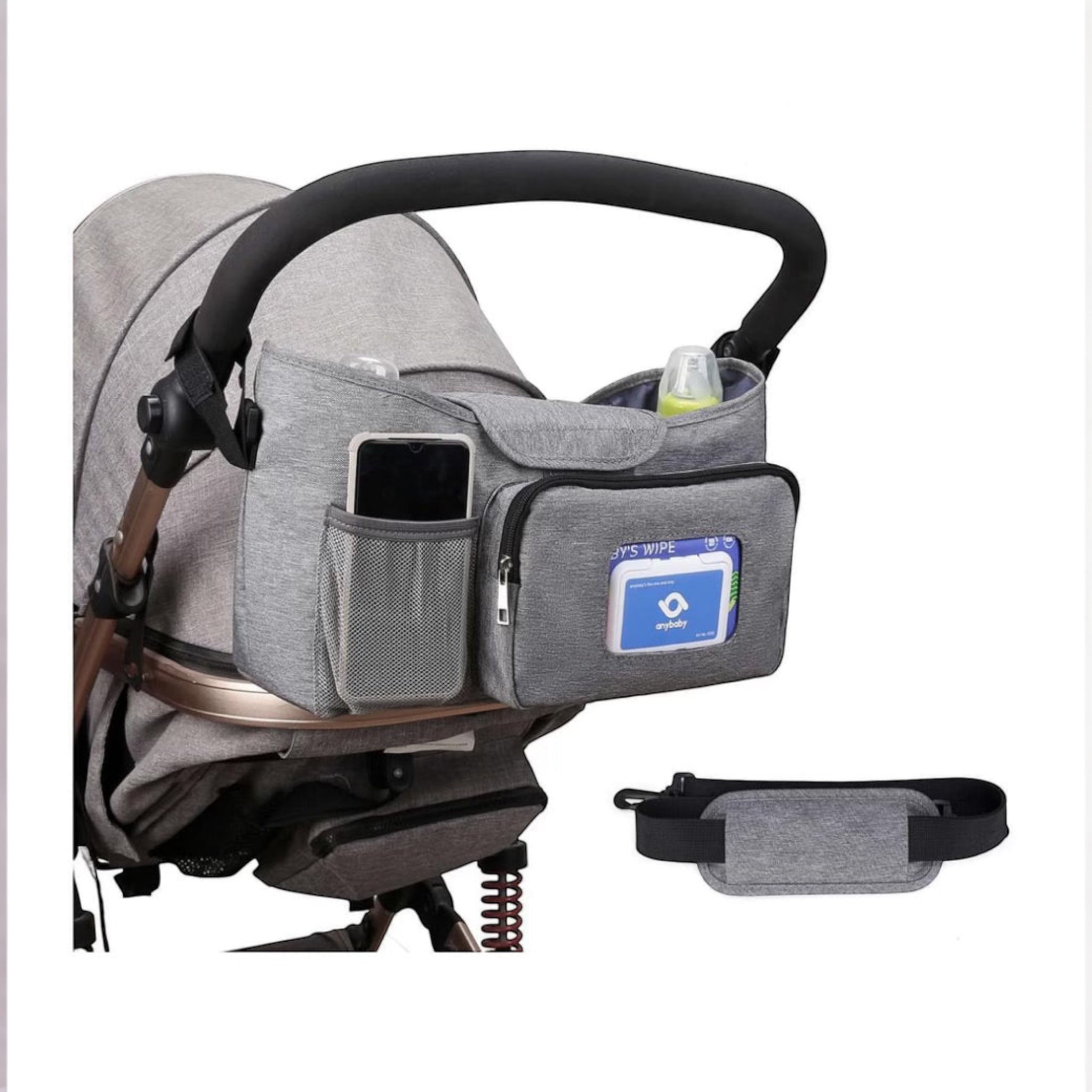 All-in-one stroller organiser bag with dual cup holders and multi-compartment storage
