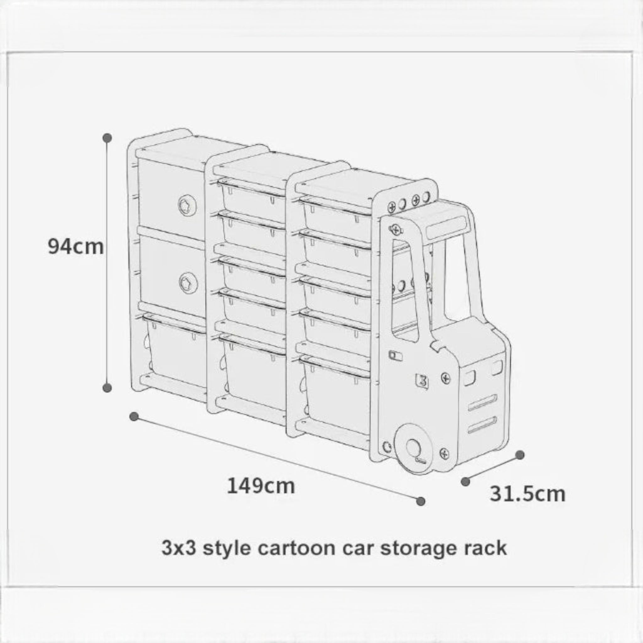 “Children’s toy organizer in the shape of a bus with multiple storage bins”