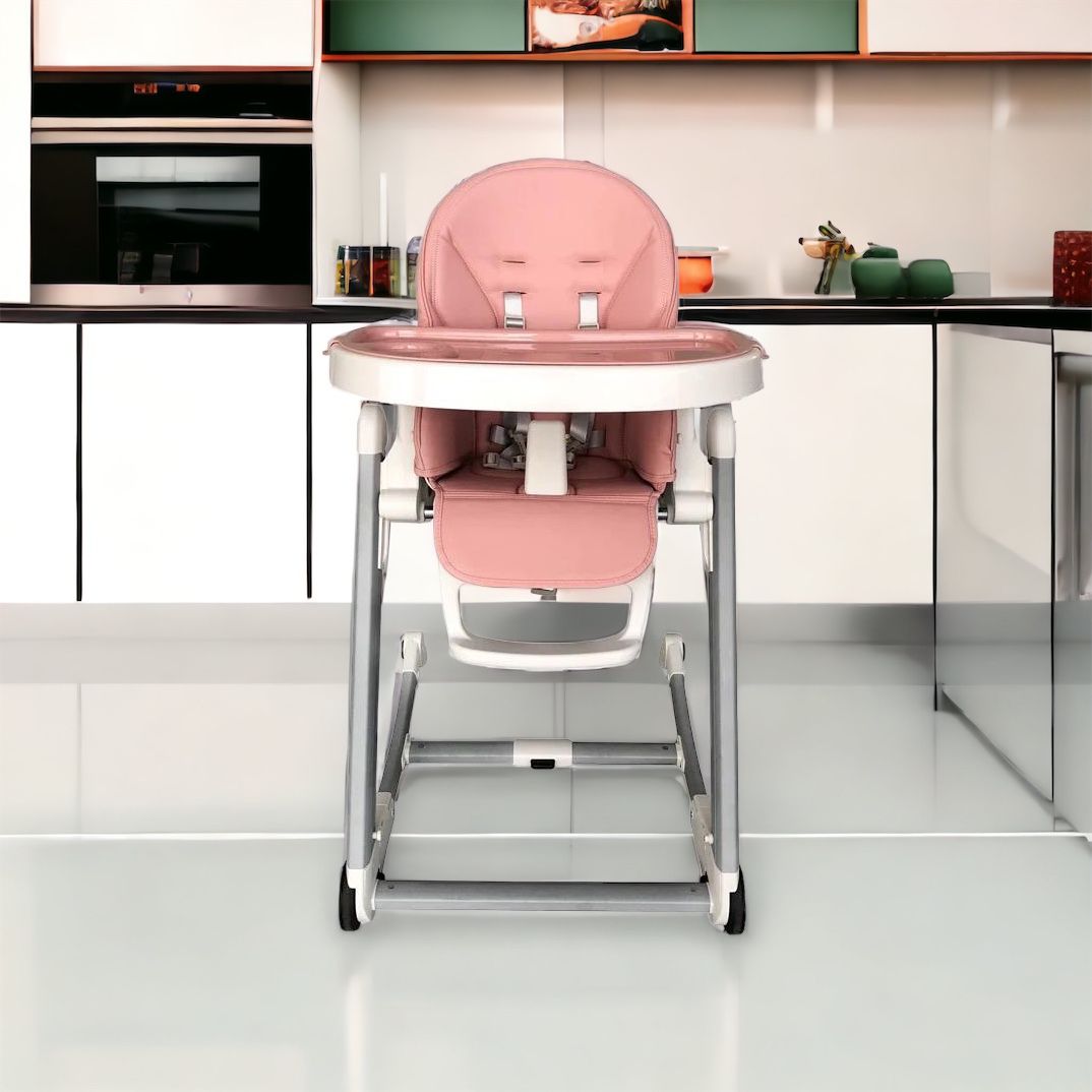 Luxury baby high chair that converts into a rocker with 5-point harness and wheels for easy movement