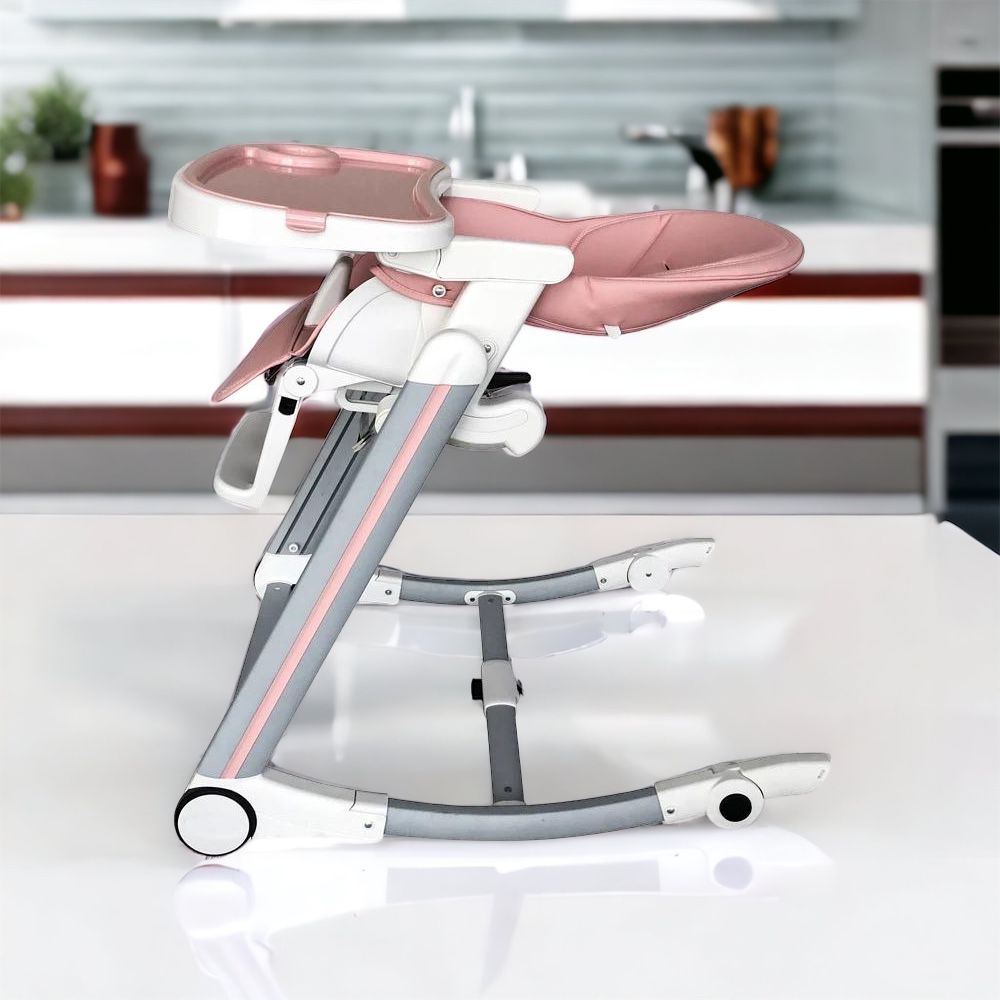 Luxury baby high chair that converts into a rocker with 5-point harness and wheels for easy movement