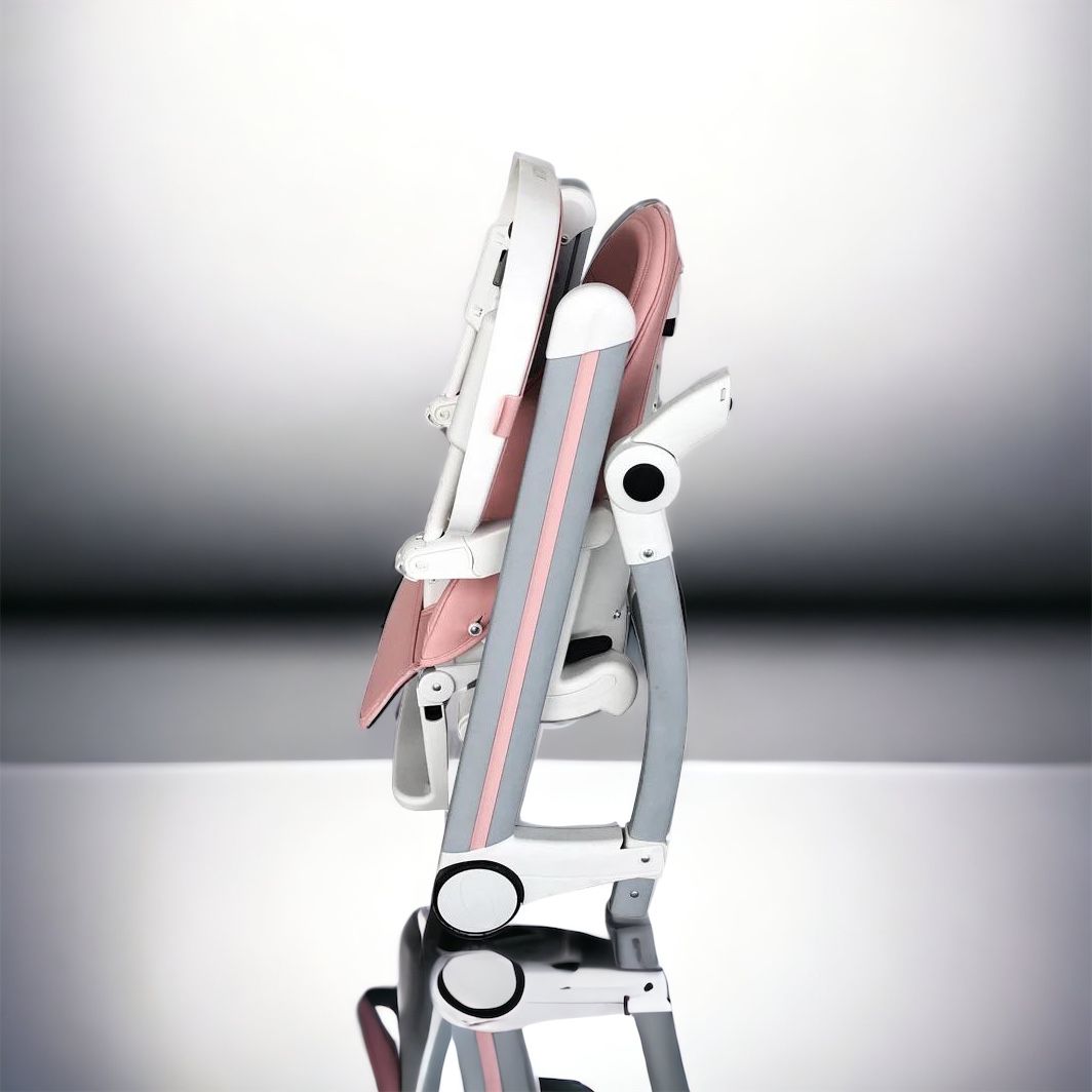 Luxury baby high chair that converts into a rocker with 5-point harness and wheels for easy movement