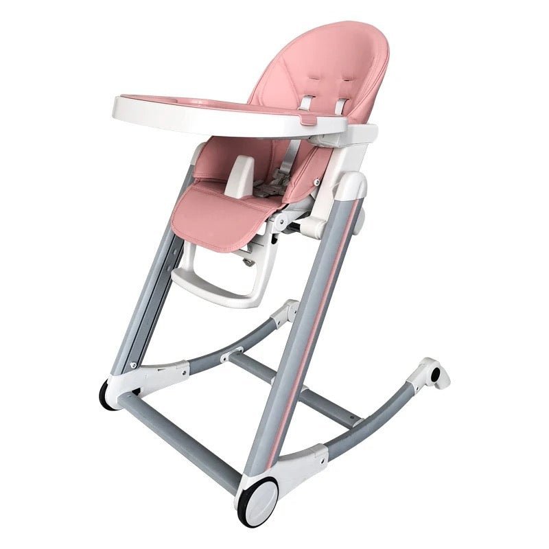 Luxury baby high chair that converts into a rocker with 5-point harness and wheels for easy movement