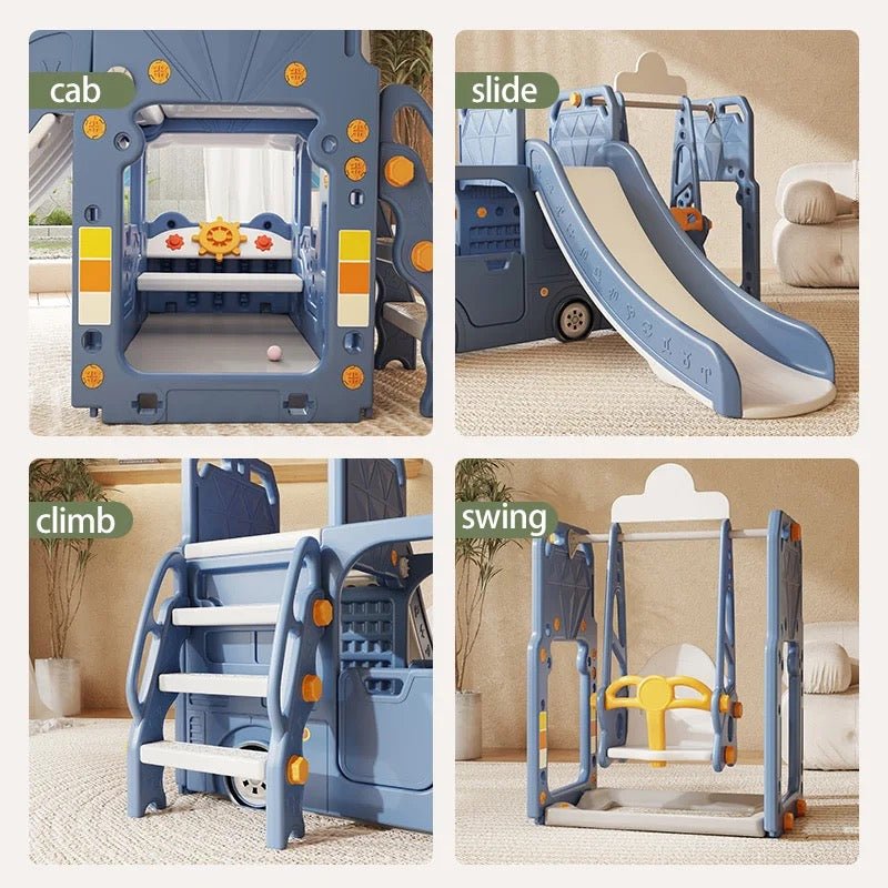 Blue Bus Shape Slide And Swing Playground Indoors And Outdoors Fun - Micky Mart