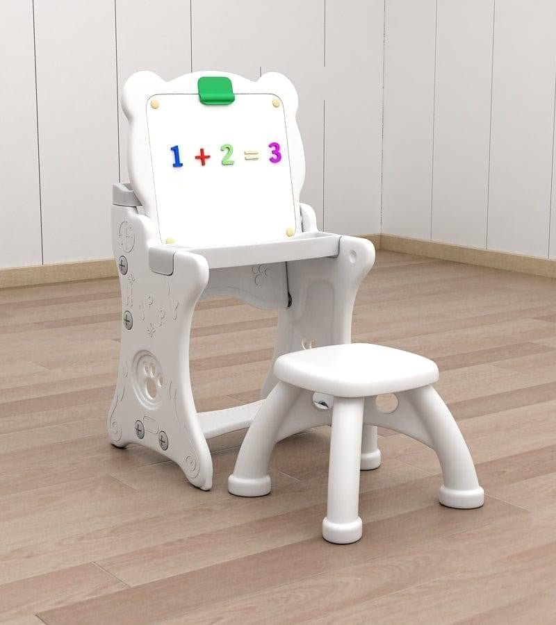“Kids easel with attached stool in grey– creative 2-in-1 art station”