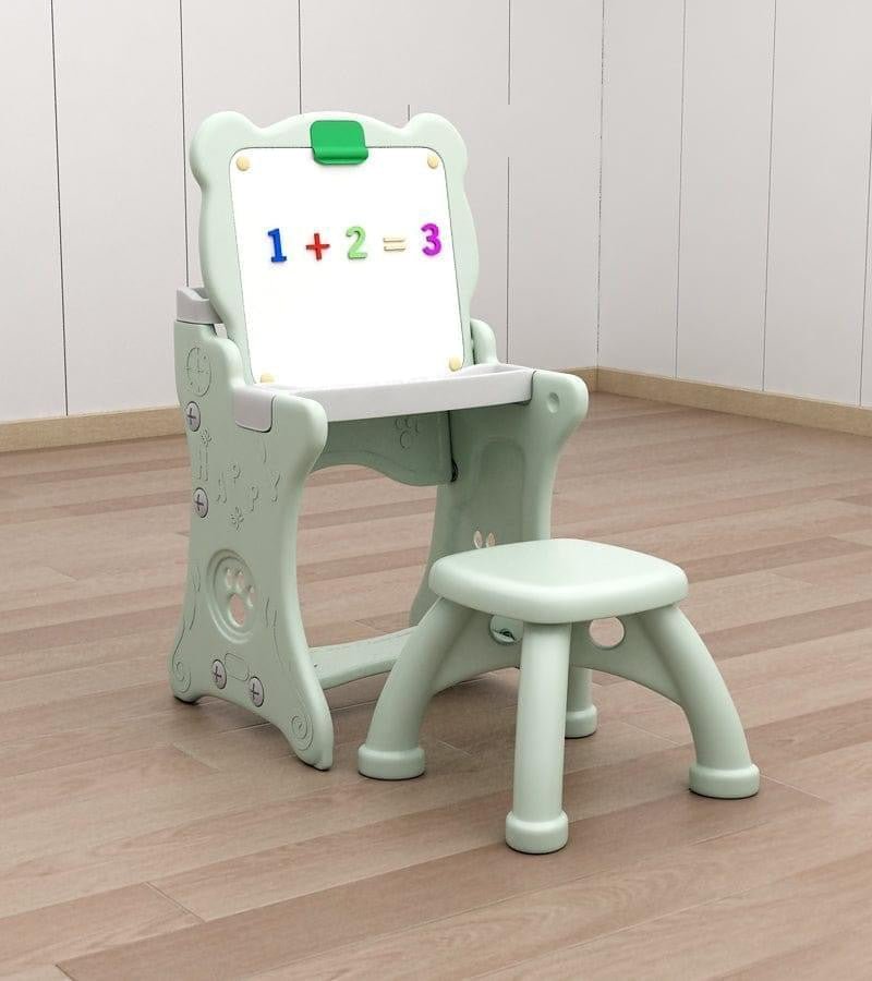 “Kids easel with attached stool in green– creative 2-in-1 art station”