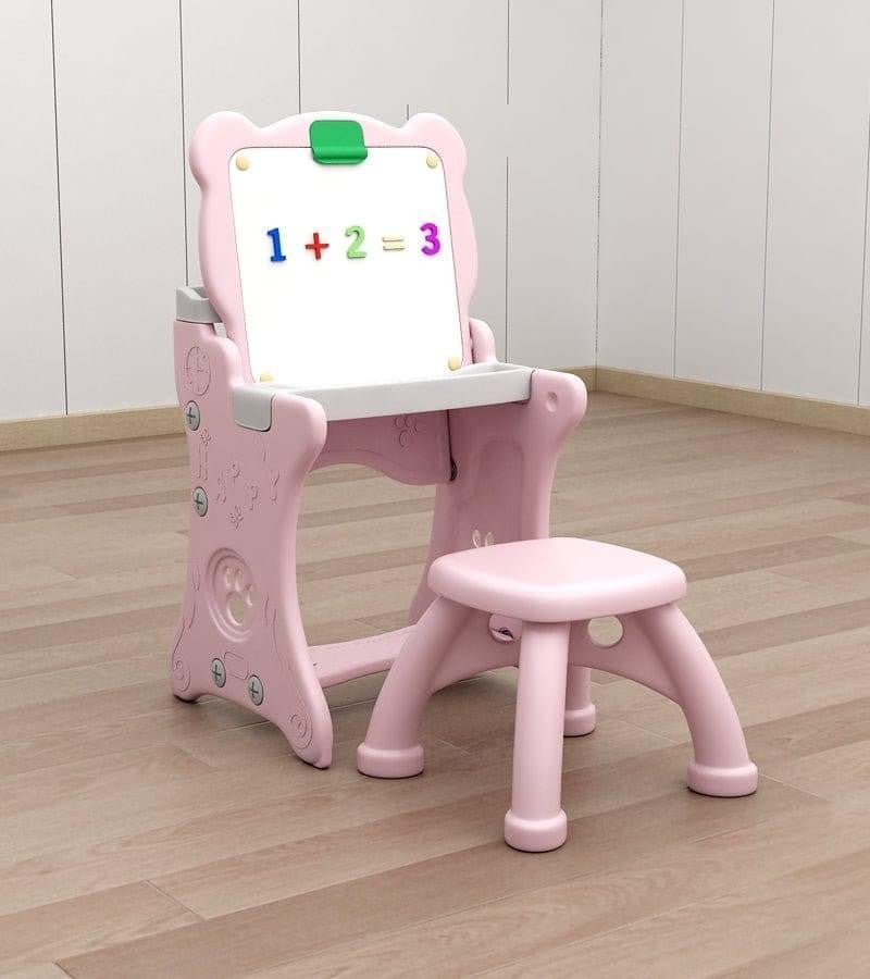 “Kids easel with attached stool in pink– creative 2-in-1 art station”