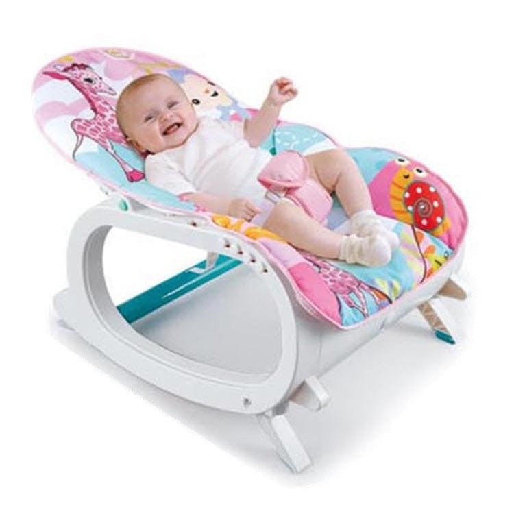 Portable rocker transforming from newborn cradle with toy bar to toddler seat with recline and kickstand