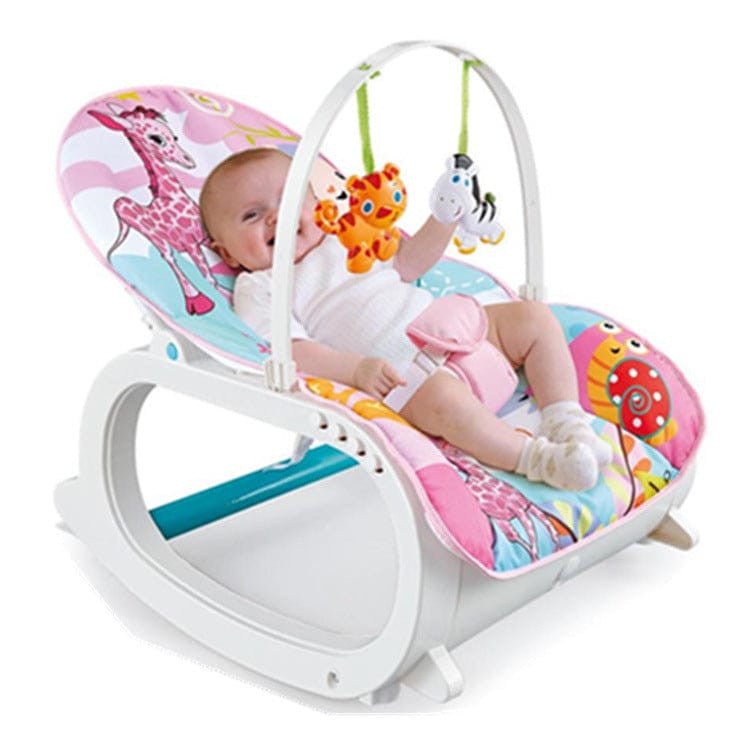 Portable rocker transforming from newborn cradle with toy bar to toddler seat with recline and kickstand