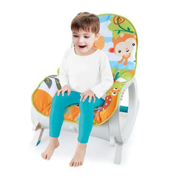 Portable rocker transforming from newborn cradle with toy bar to toddler seat with recline and kickstand