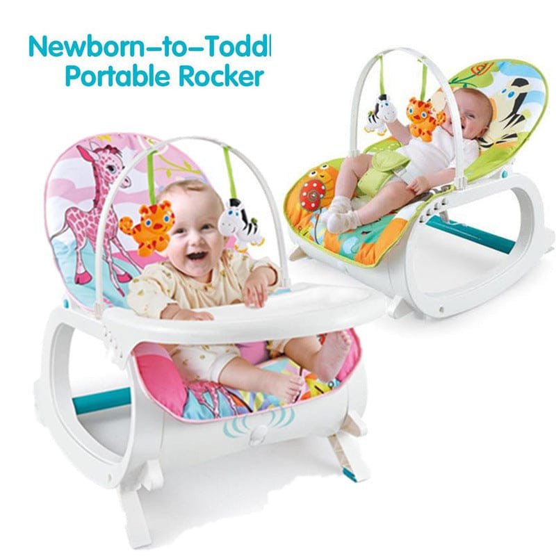 Portable rocker transforming from newborn cradle with toy bar to toddler seat with recline and kickstand