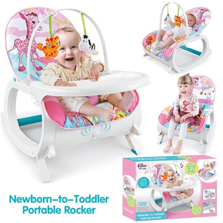 Portable rocker transforming from newborn cradle with toy bar to toddler seat with recline and kickstand